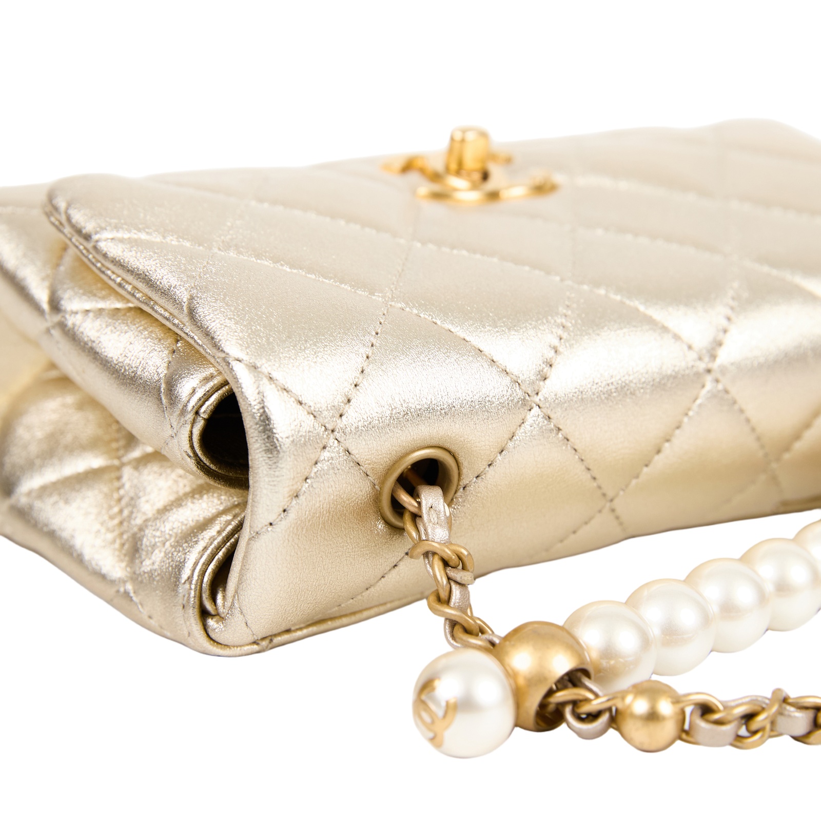 香奈兒 CHANEL MINI FLAP 手提包 肩背包 斜背包 AS5001 晶片款 金色羊皮珍珠鍊條包 原廠盒子