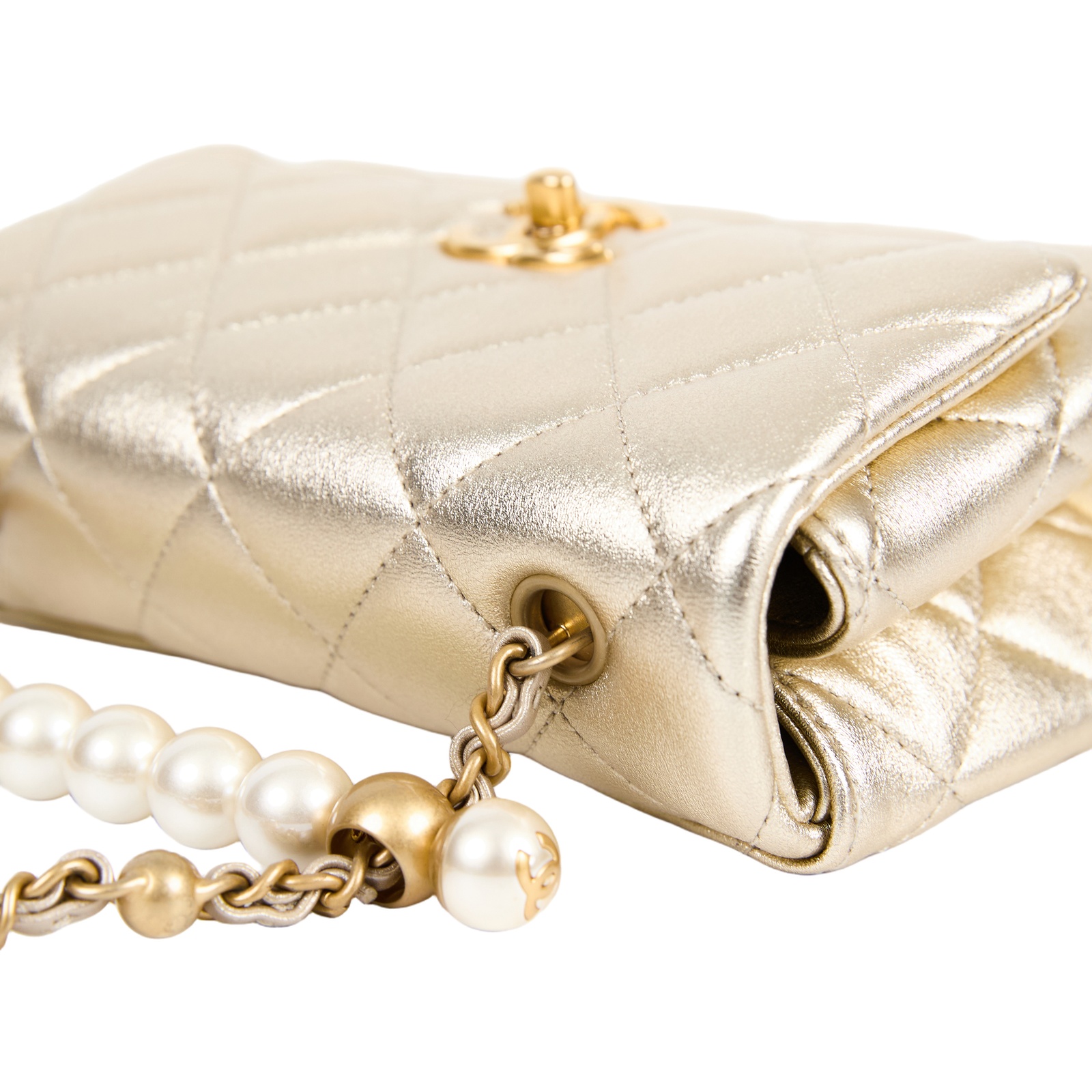 香奈兒 CHANEL MINI FLAP 手提包 肩背包 斜背包 AS5001 晶片款 金色羊皮珍珠鍊條包 原廠盒子