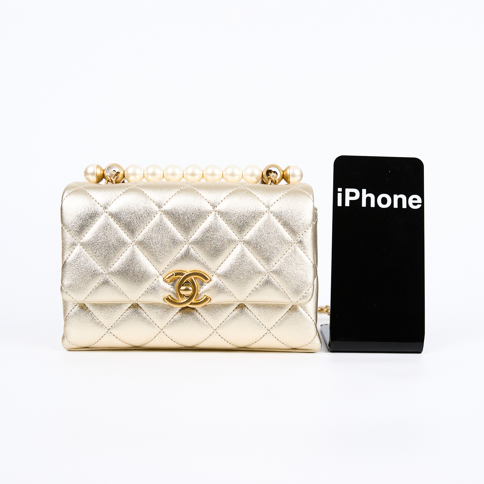香奈兒 CHANEL MINI FLAP 手提包 肩背包 斜背包 AS5001 晶片款 金色羊皮珍珠鍊條包 原廠盒子