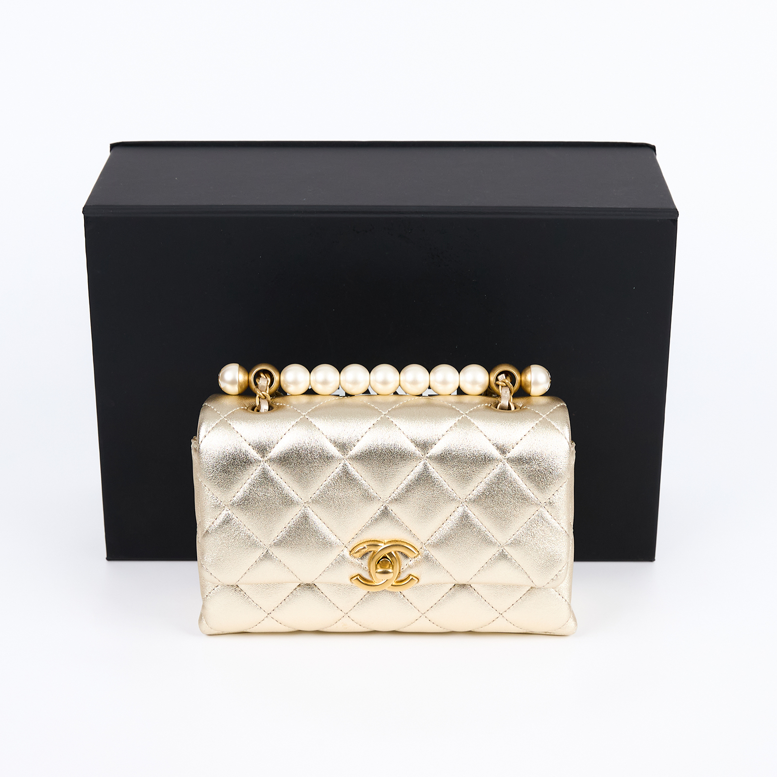 香奈兒 CHANEL MINI FLAP 手提包 肩背包 斜背包 AS5001 晶片款 金色羊皮珍珠鍊條包 原廠盒子