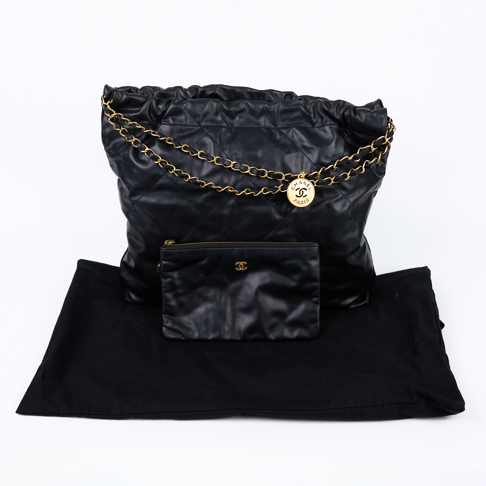 香奈兒 CHANEL 22 中型 束口包 AS3261 晶片款 黑白LOGO 22包 中號 防塵袋/內袋