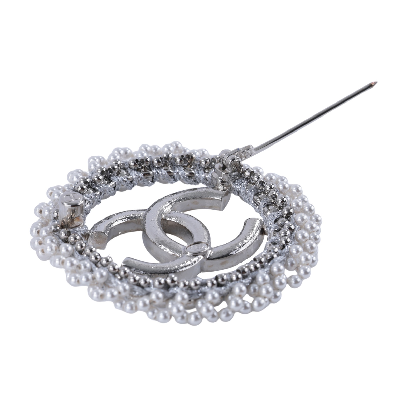 香奈兒 CHANEL CC LOGO 胸針 ABF468 B19982C25 P 銀雙C鑲水鑽外圈珍珠胸針 原廠盒子/內襯