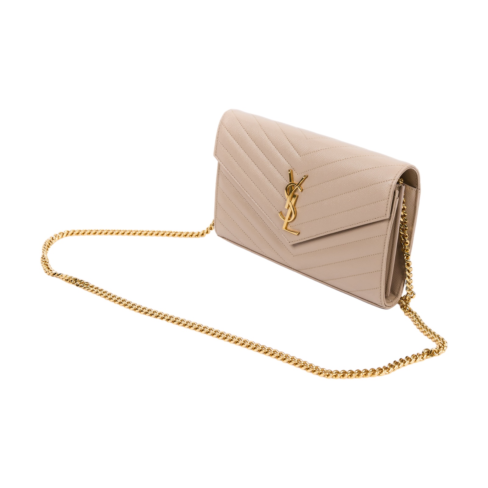 聖羅蘭 YSL SAINT LAURENT Cassandre 經典粒面皮革 鏈條 錢包 金色五金 377828BOW01 米色WOC 大 保證卡