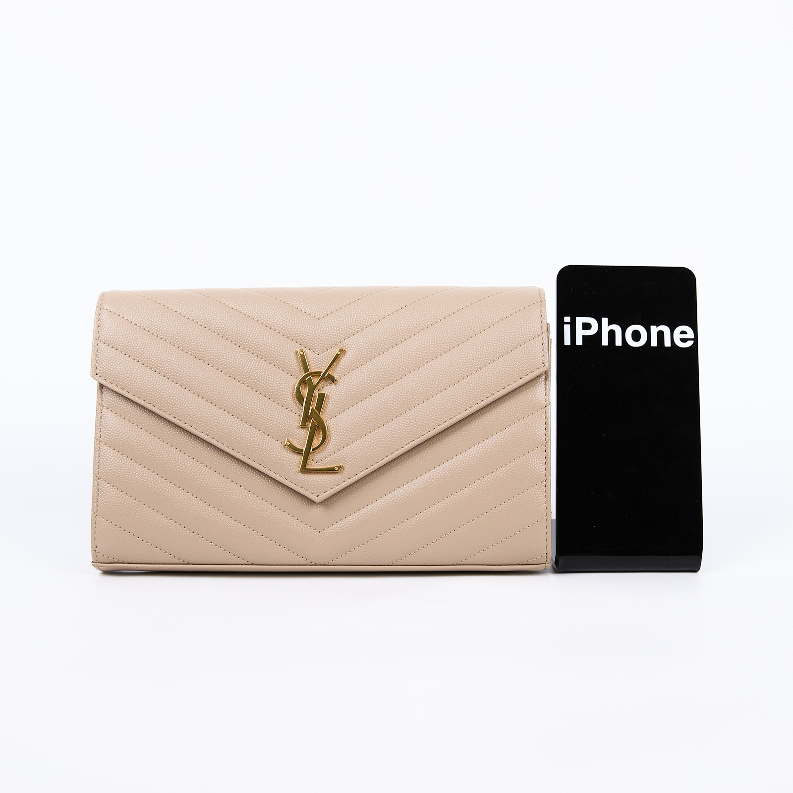 聖羅蘭 YSL SAINT LAURENT Cassandre 經典粒面皮革 鏈條 錢包 金色五金 377828BOW01 米色WOC 大 保證卡