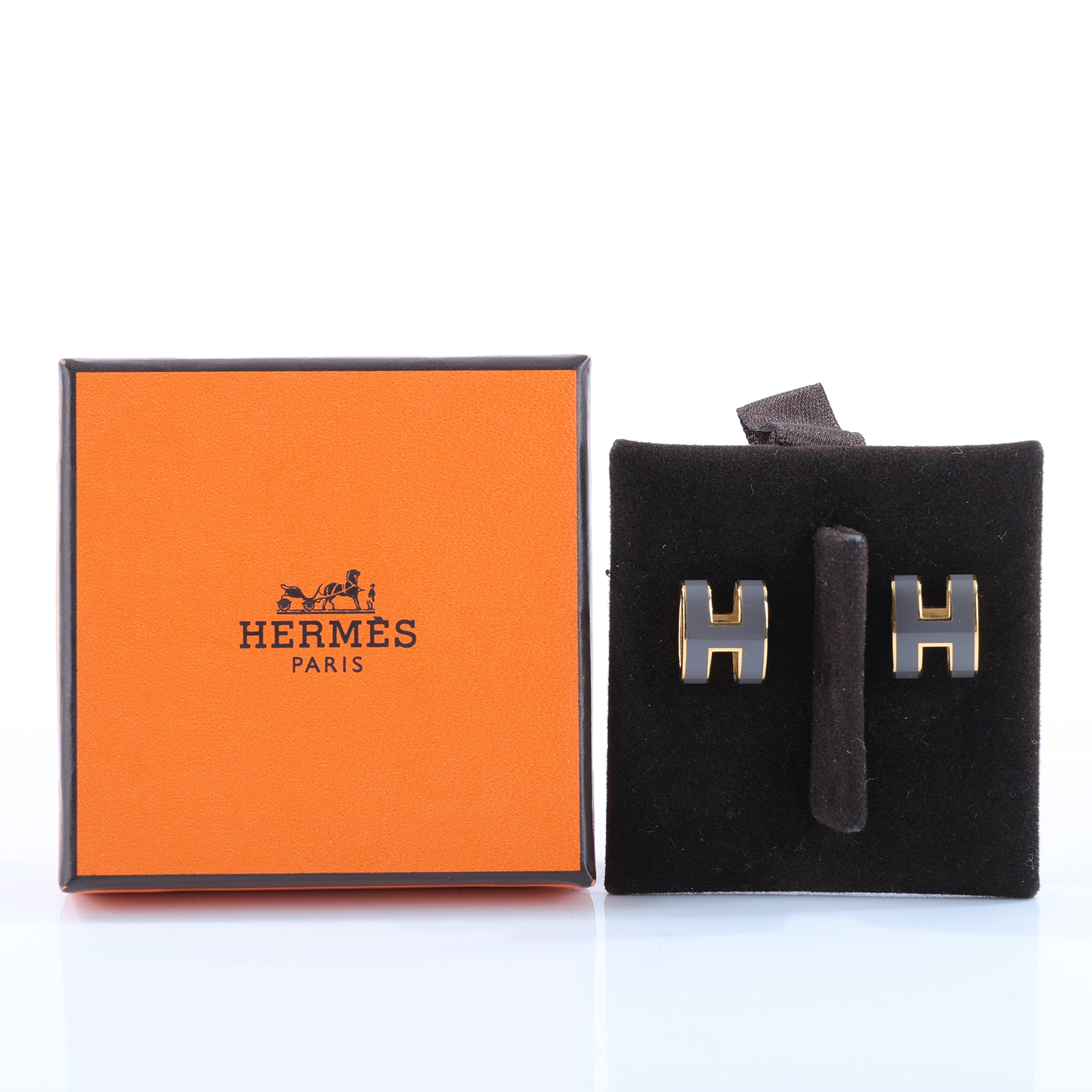 愛馬仕 Hermes Pop H 耳釘 POPHE ST 01 58 灰金POP H耳環 原廠盒子/內襯