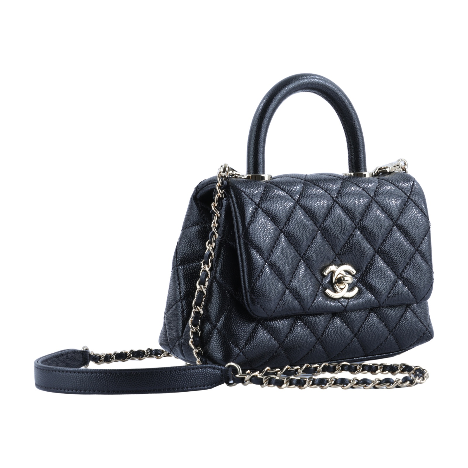 香奈兒 CHANEL Handle 迷你 手提 口蓋包 AS2215 黑金荔枝COCO HANDLE MINI 原廠盒子/保證卡/背帶/購買證明影本