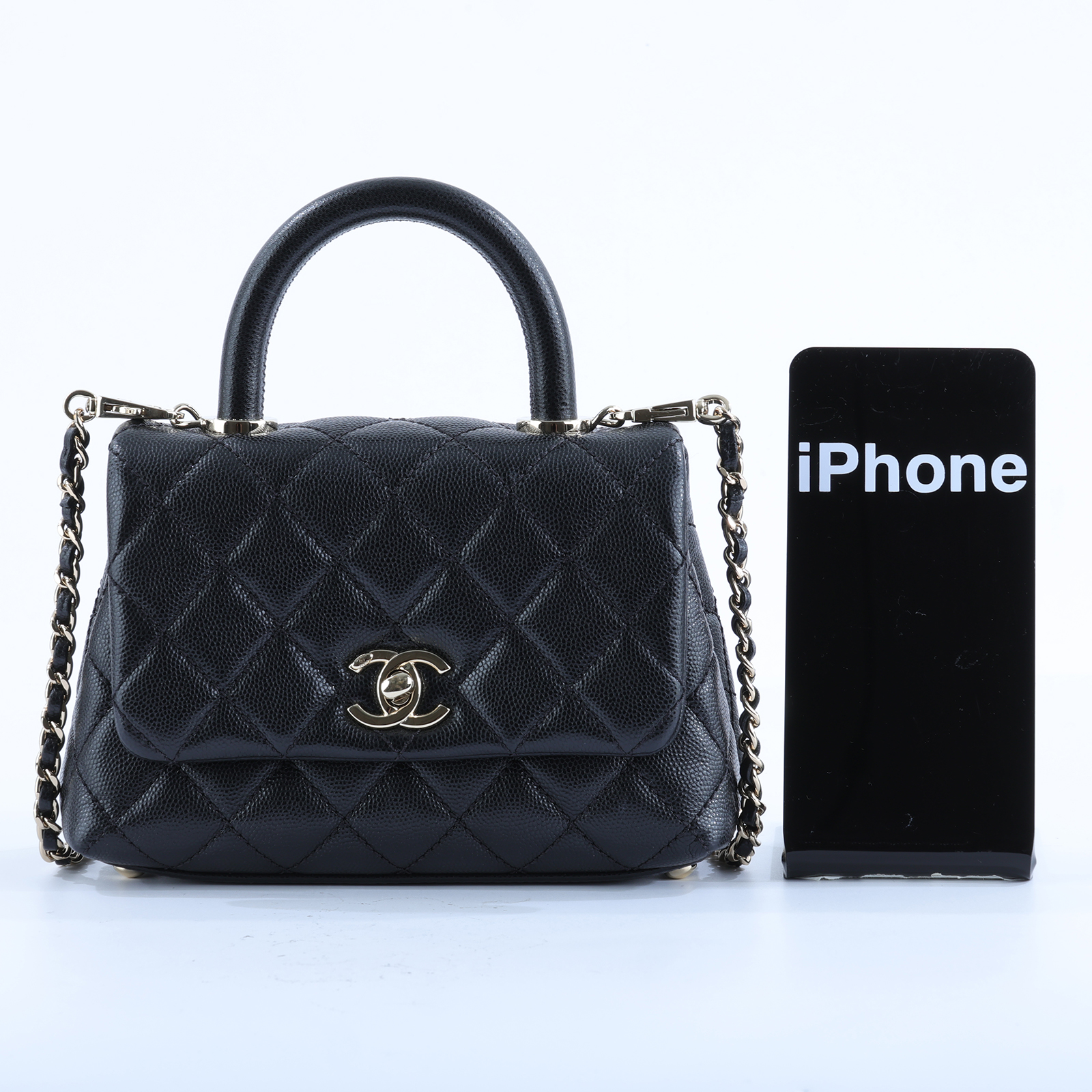 香奈兒 CHANEL Handle 迷你 手提 口蓋包 AS2215 黑金荔枝COCO HANDLE MINI 原廠盒子/保證卡/背帶/購買證明影本