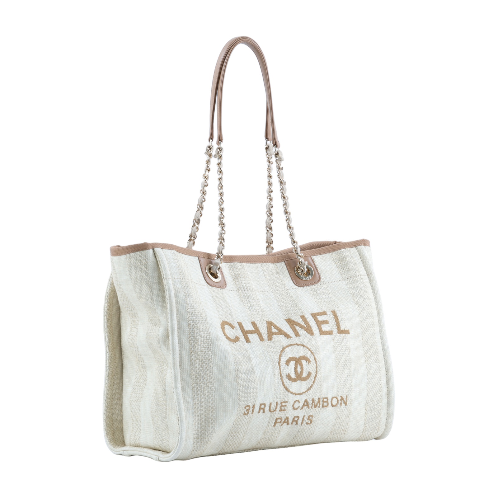 香奈兒 CHANEL DEAUVILLE MM 沙灘 托特包 A67001 29開 米杏直紋DEAUVILLE沙灘包MEDIUM 原廠盒子/保證卡