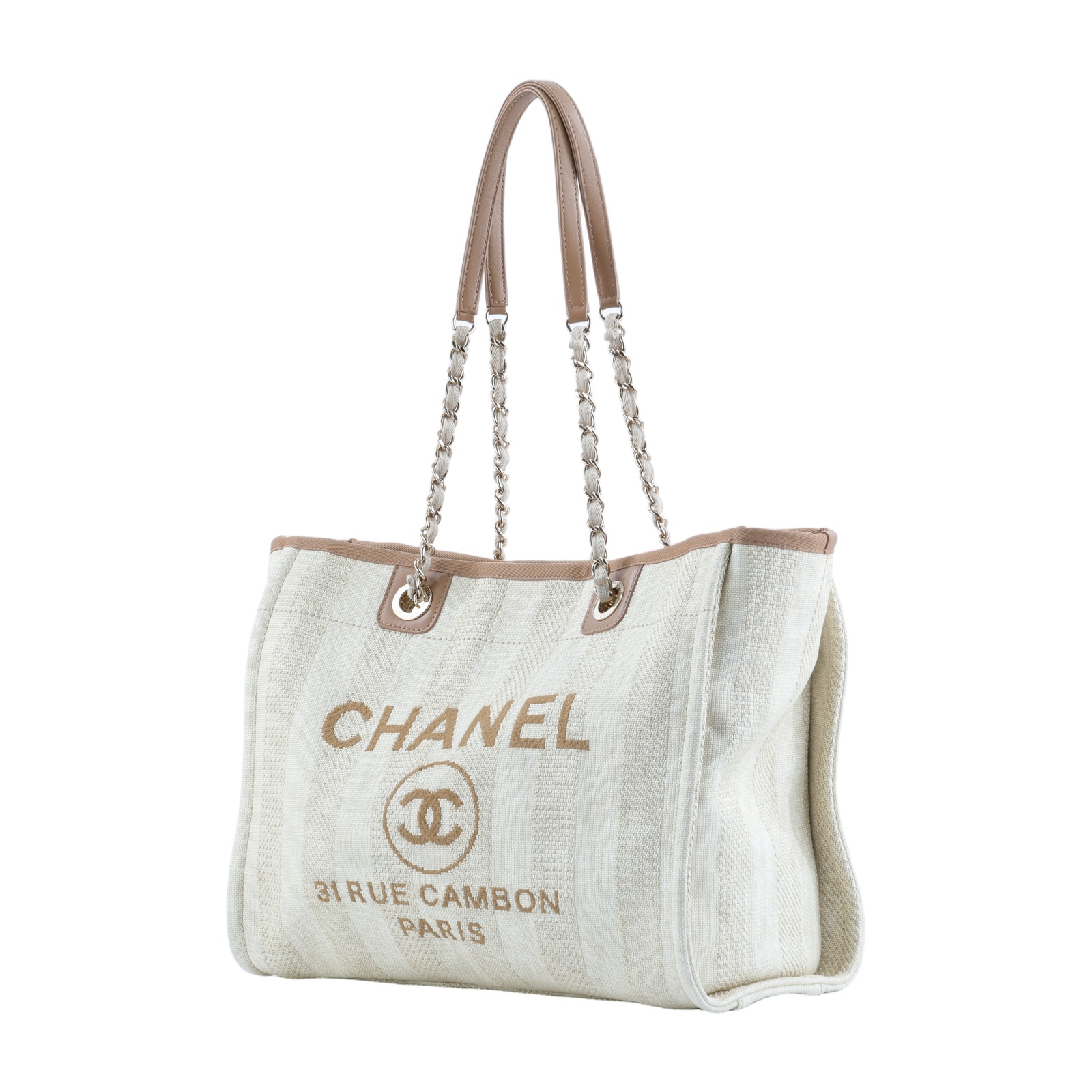香奈兒 CHANEL DEAUVILLE MM 沙灘 托特包 A67001 29開 米杏直紋DEAUVILLE沙灘包MEDIUM 原廠盒子/保證卡