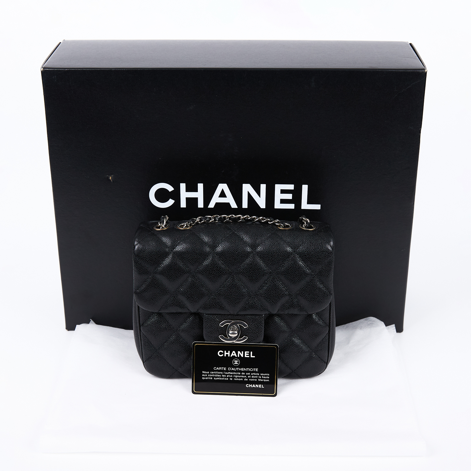 香奈兒 CHANEL CC LOGO MINI CF 口蓋包 肩背包 方胖子  25開 黑銀荔枝風琴夾層口蓋包 原廠盒子/保證卡