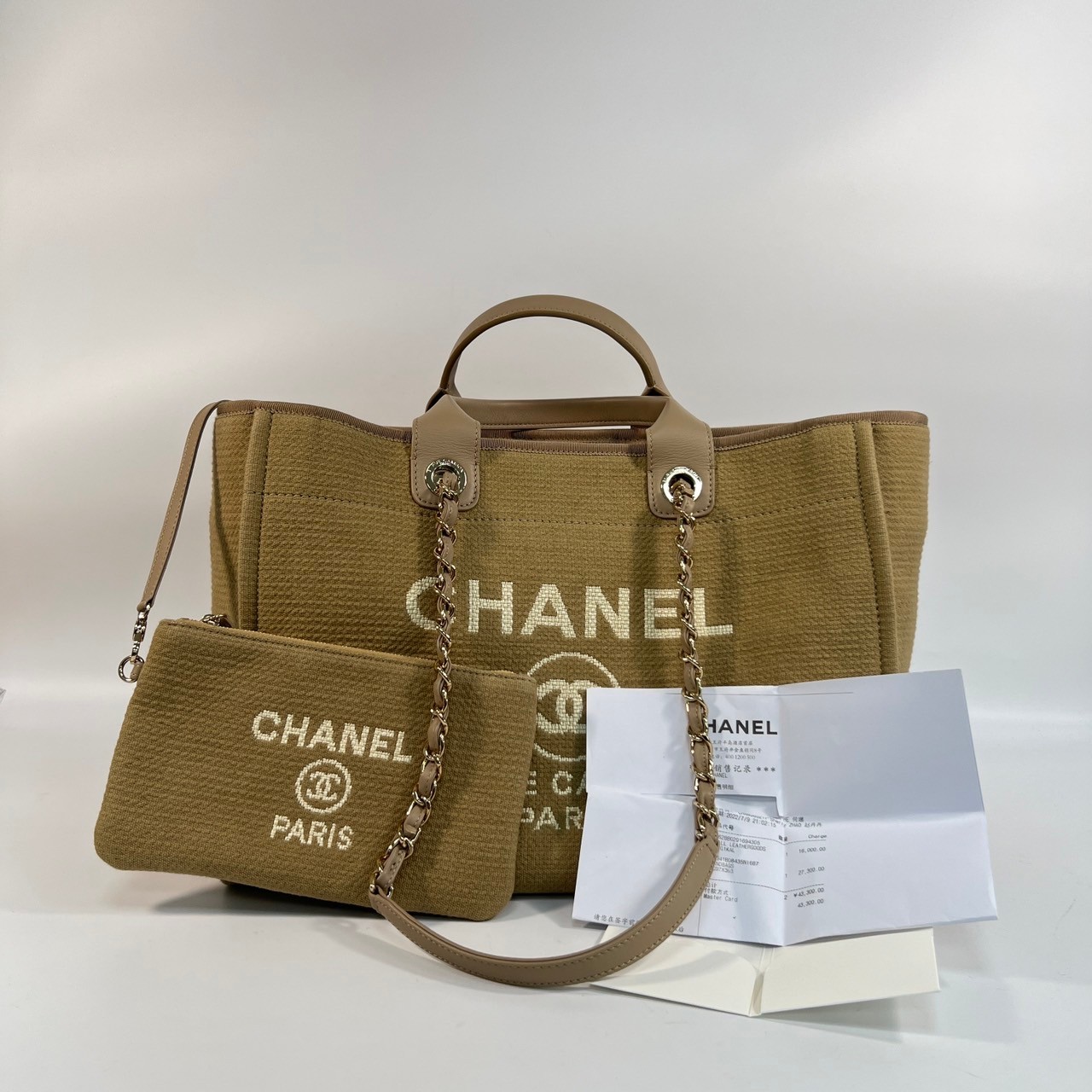 香奈兒 CHANEL 海灘包 大型 A66941 晶片款 卡其DEAUVILLE GM 購買證明/內袋