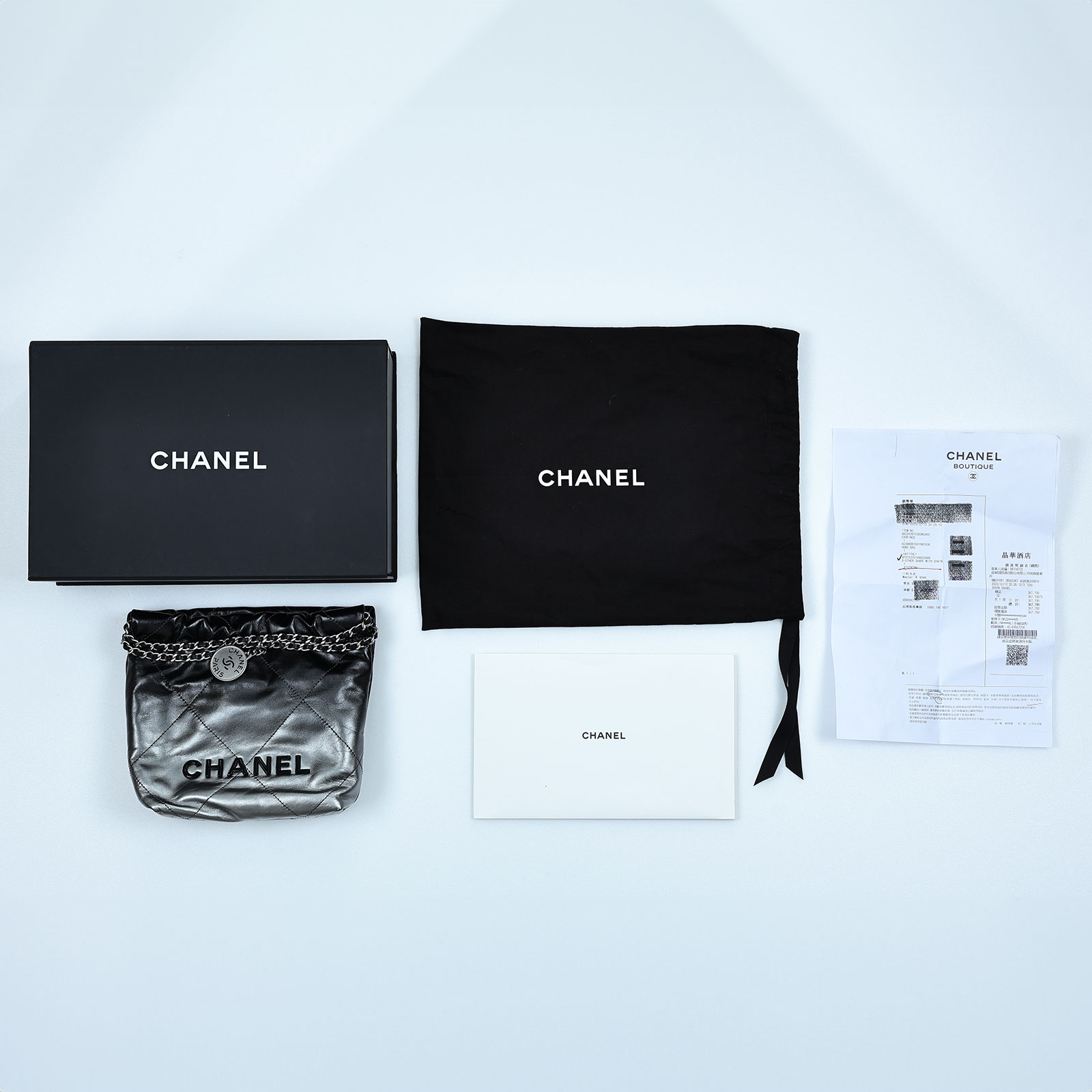 香奈兒 CHANEL 22 迷你 束口包  晶片款 黑銀漸層22 MINI 防塵袋/原廠盒子/購買證明影本