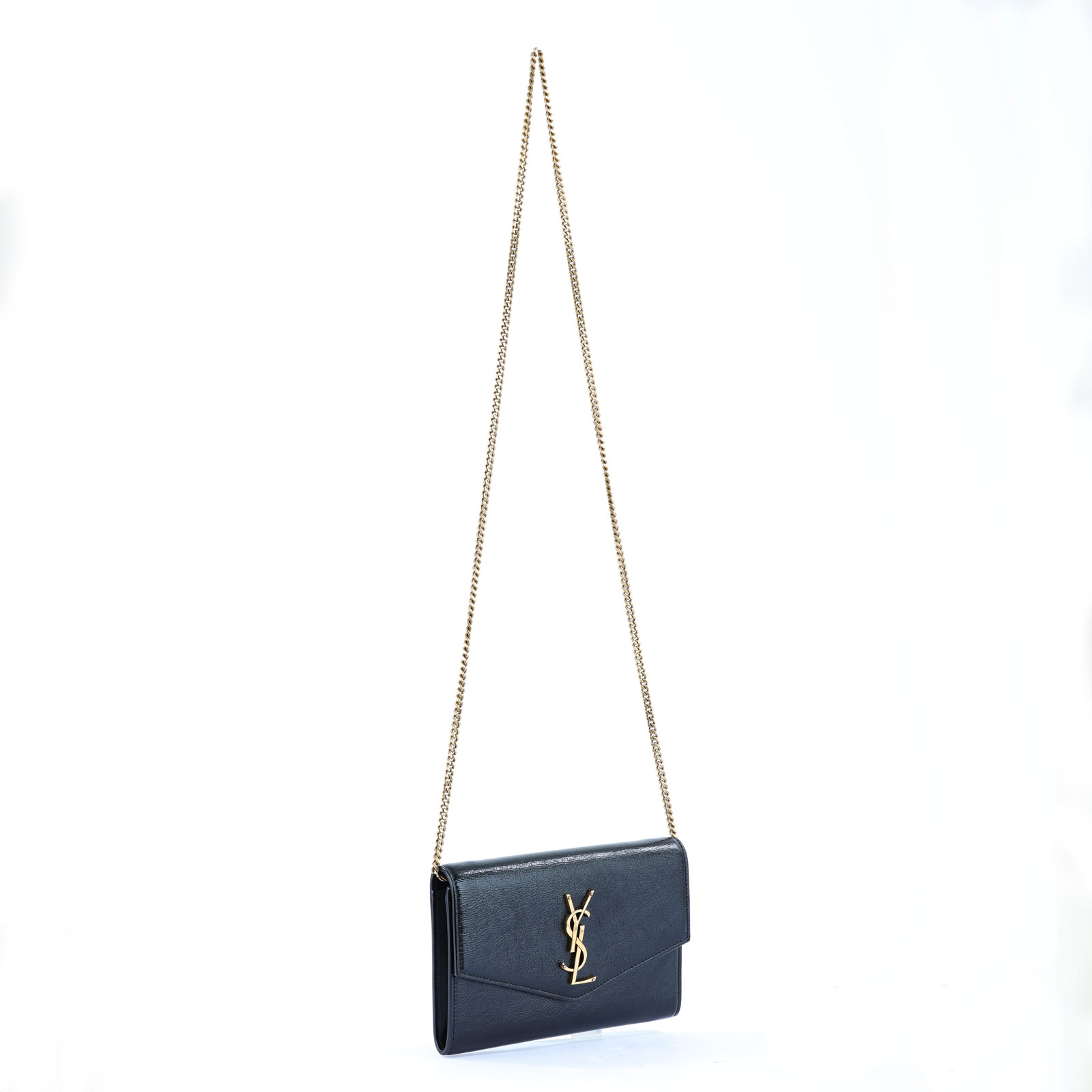聖羅蘭 YSL SAINT LAURENT Uptown 粒面壓紋皮革 鏈條錢包 6077881GF0J 黑LOGO信封鍊包 原廠盒子/內袋
