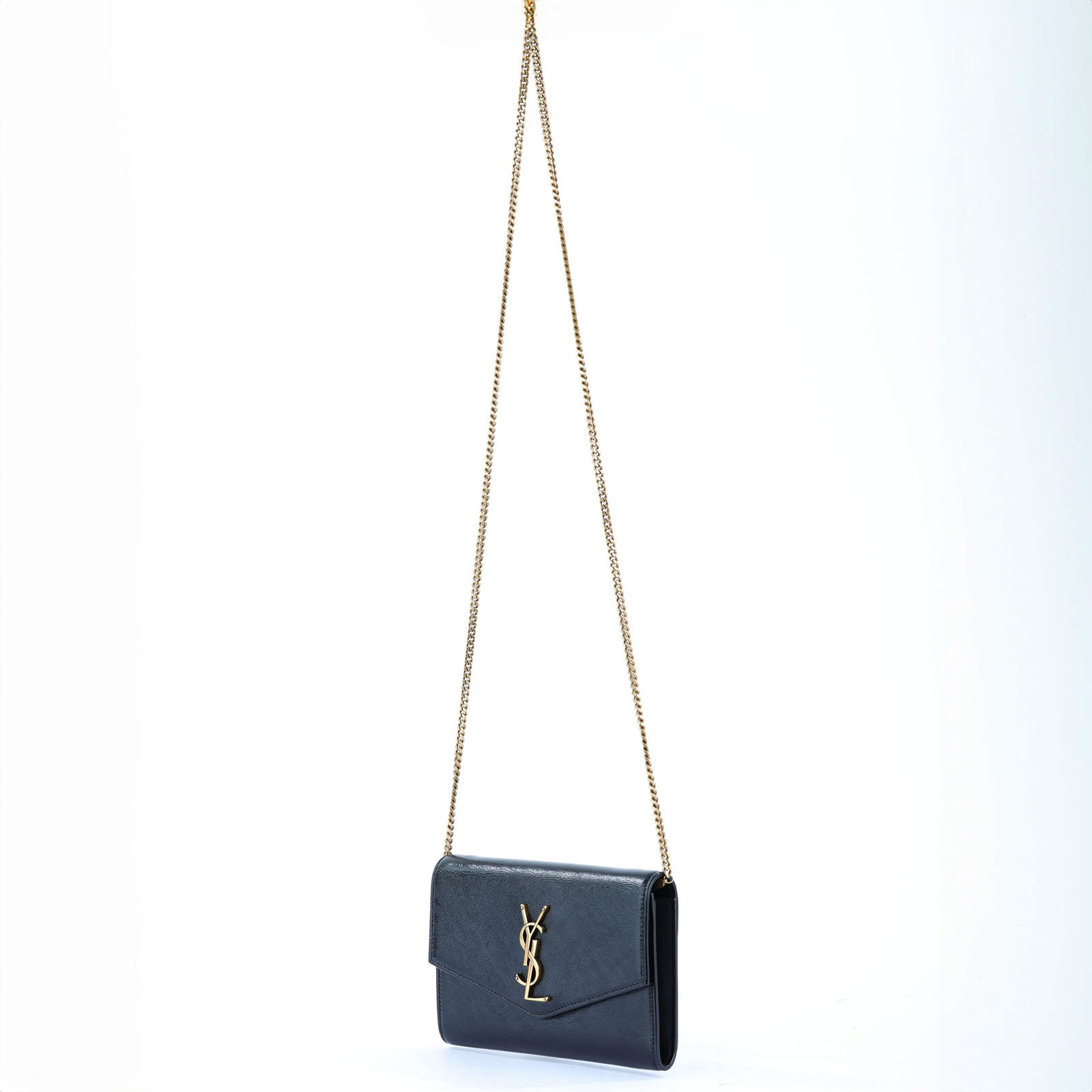 聖羅蘭 YSL SAINT LAURENT Uptown 粒面壓紋皮革 鏈條錢包 6077881GF0J 黑LOGO信封鍊包 原廠盒子/內袋