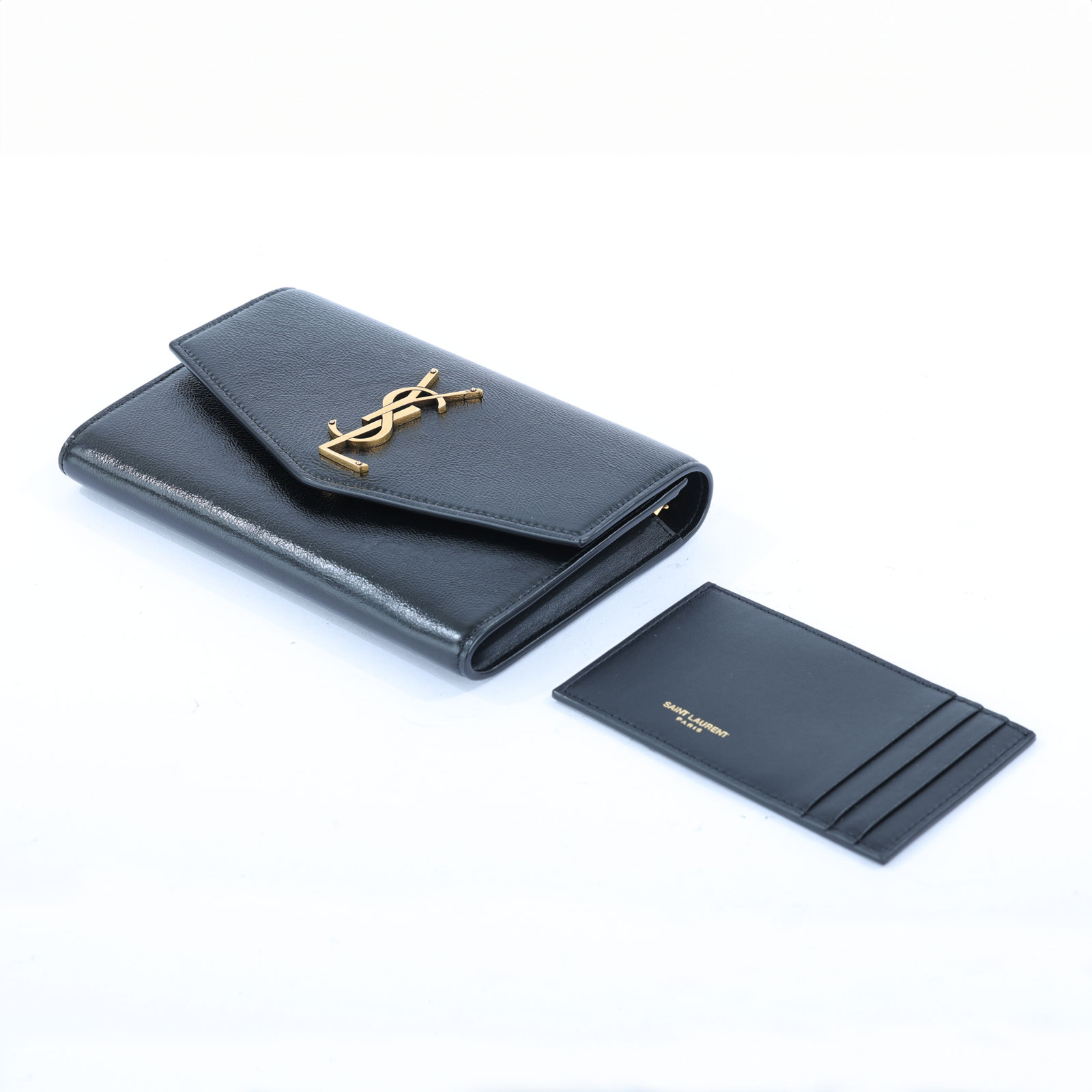 聖羅蘭 YSL SAINT LAURENT Uptown 粒面壓紋皮革 鏈條錢包 6077881GF0J 黑LOGO信封鍊包 原廠盒子/內袋
