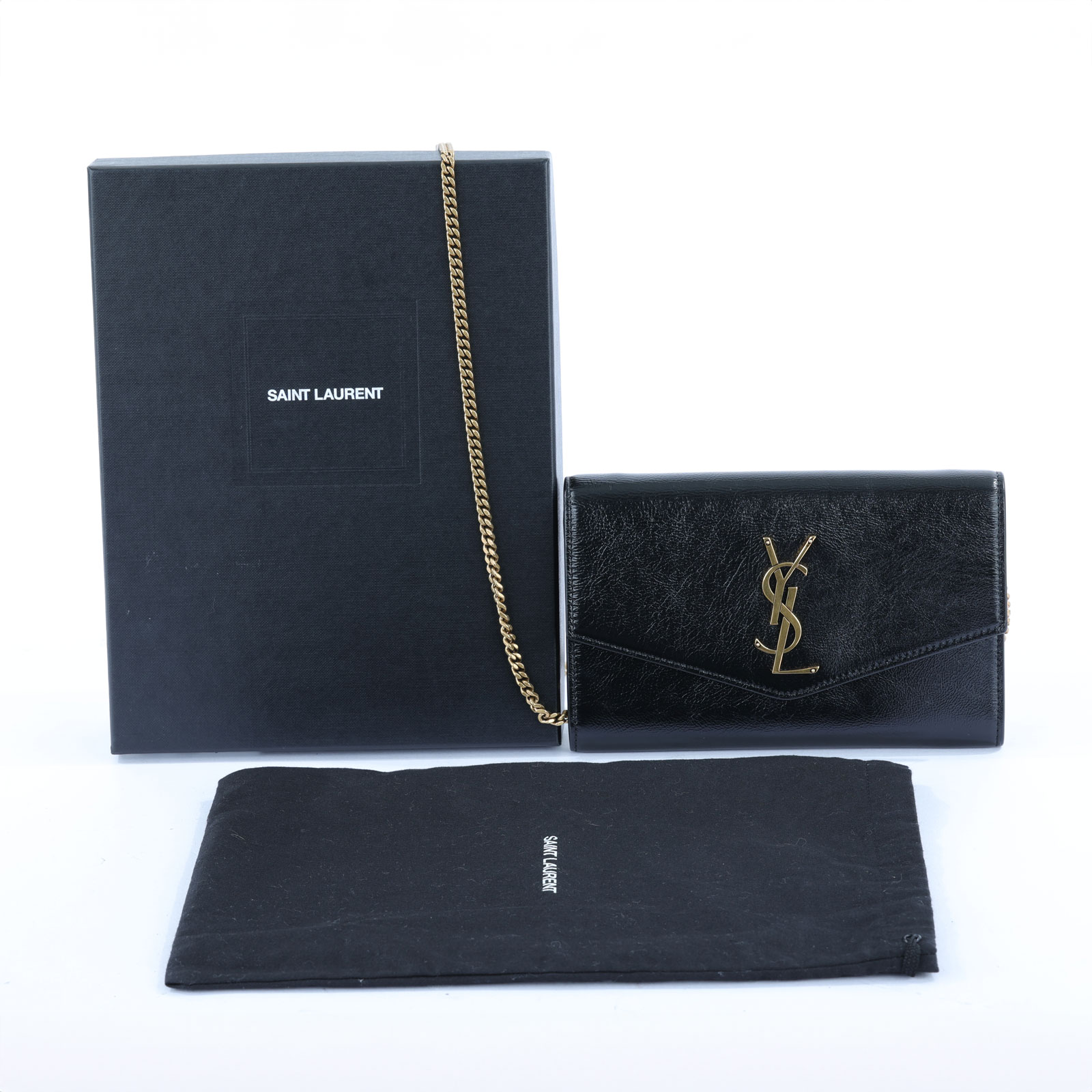 聖羅蘭 YSL SAINT LAURENT Uptown 粒面壓紋皮革 鏈條錢包 6077881GF0J 黑LOGO信封鍊包 原廠盒子/內袋