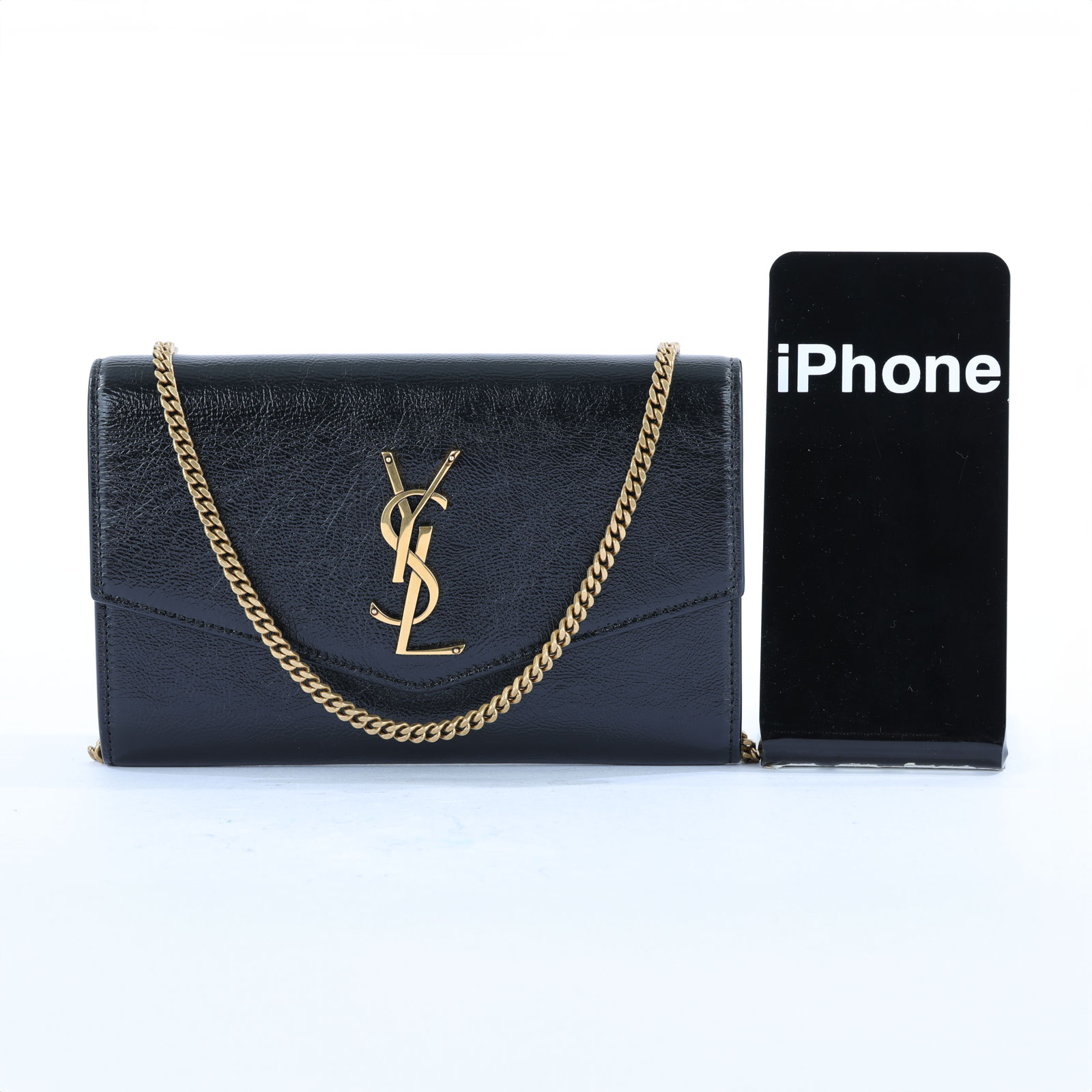 聖羅蘭 YSL SAINT LAURENT Uptown 粒面壓紋皮革 鏈條錢包 6077881GF0J 黑LOGO信封鍊包 原廠盒子/內袋