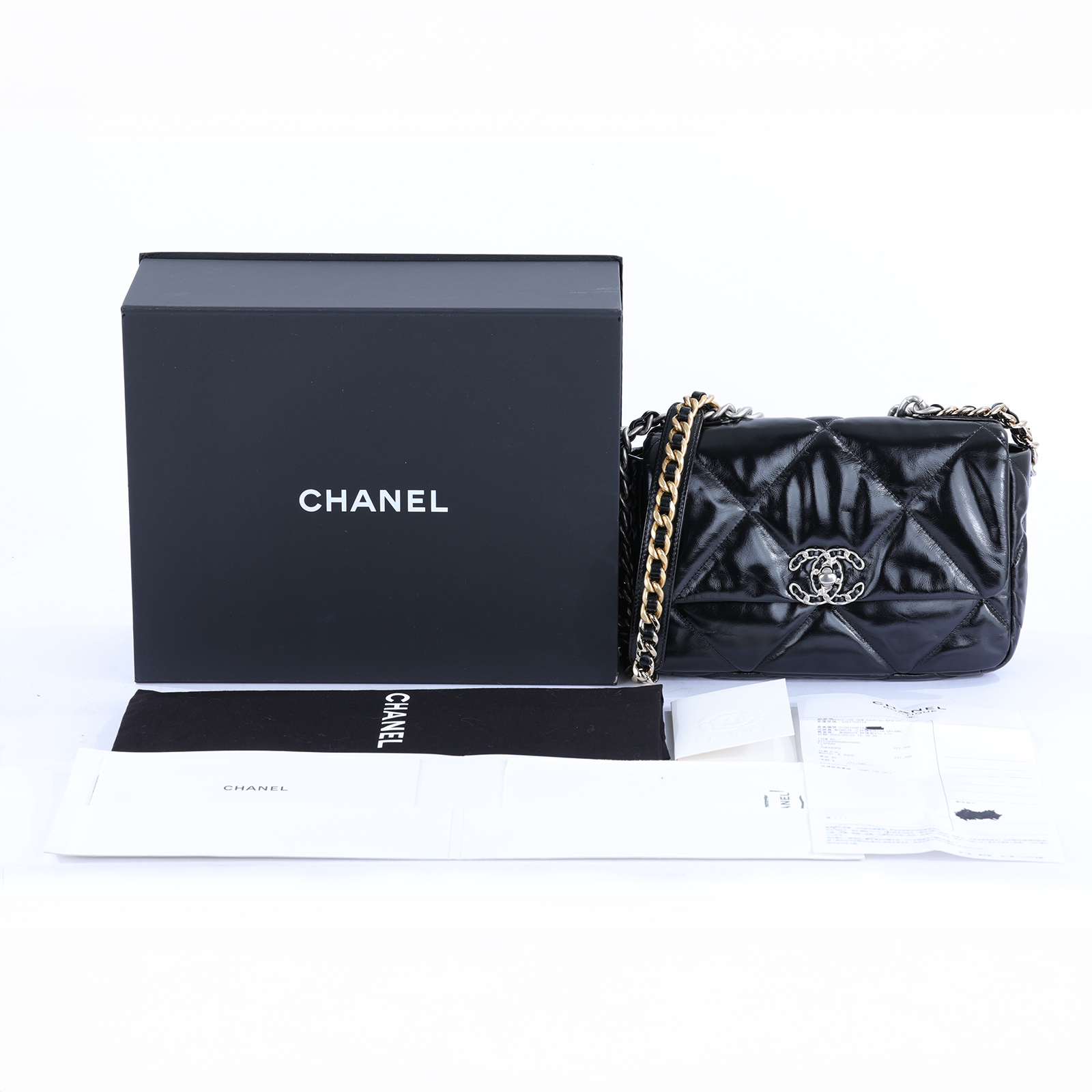 香奈兒 CHANEL 19 口蓋包 菱格紋 金銀鍊帶 手提 肩背包 AS1160 晶片款 黑油蠟皮19 小號 原廠盒子/防塵袋/購買證明