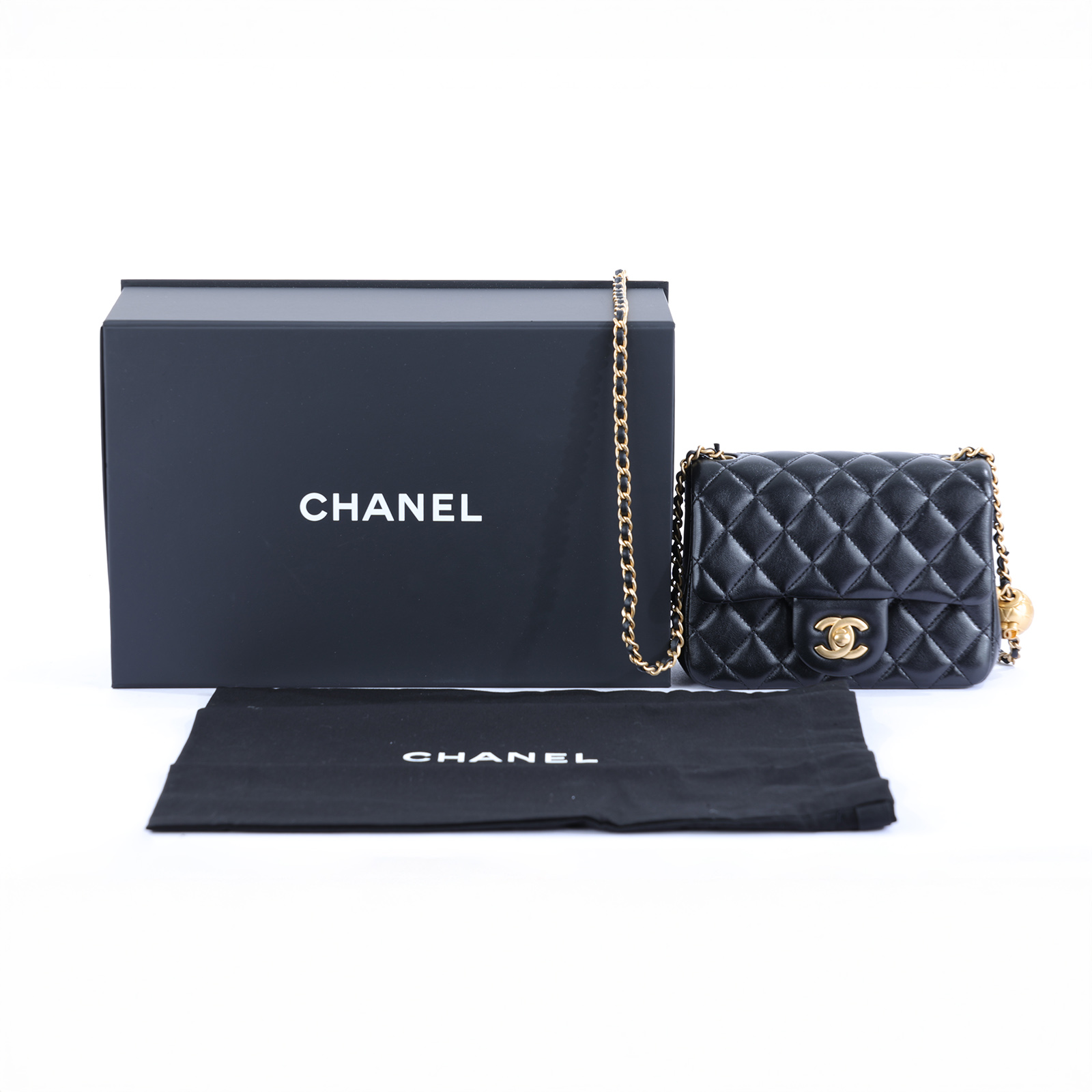 香奈兒 CHANEL 方胖 金球 鍊條 肩背 斜背 口蓋包  晶片款 黑羊金球方胖 防塵袋/原廠盒子