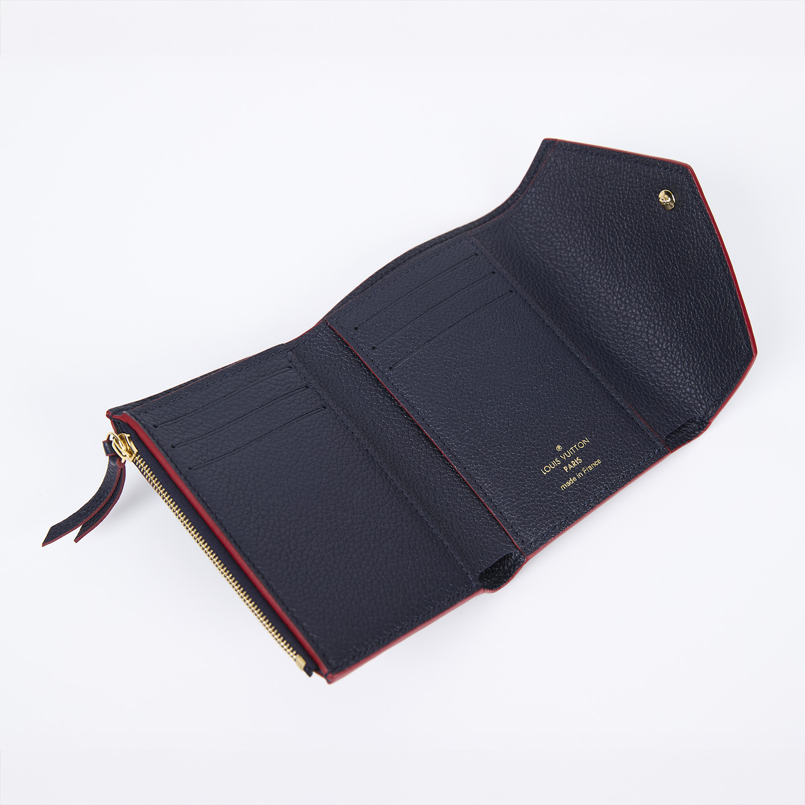 路易威登 LOUIS VUITTON Victorine 壓花皮革 三折暗釦 短夾 海軍藍 紅色 M64577 晶片款  原廠盒子/防塵袋/購買證明影本