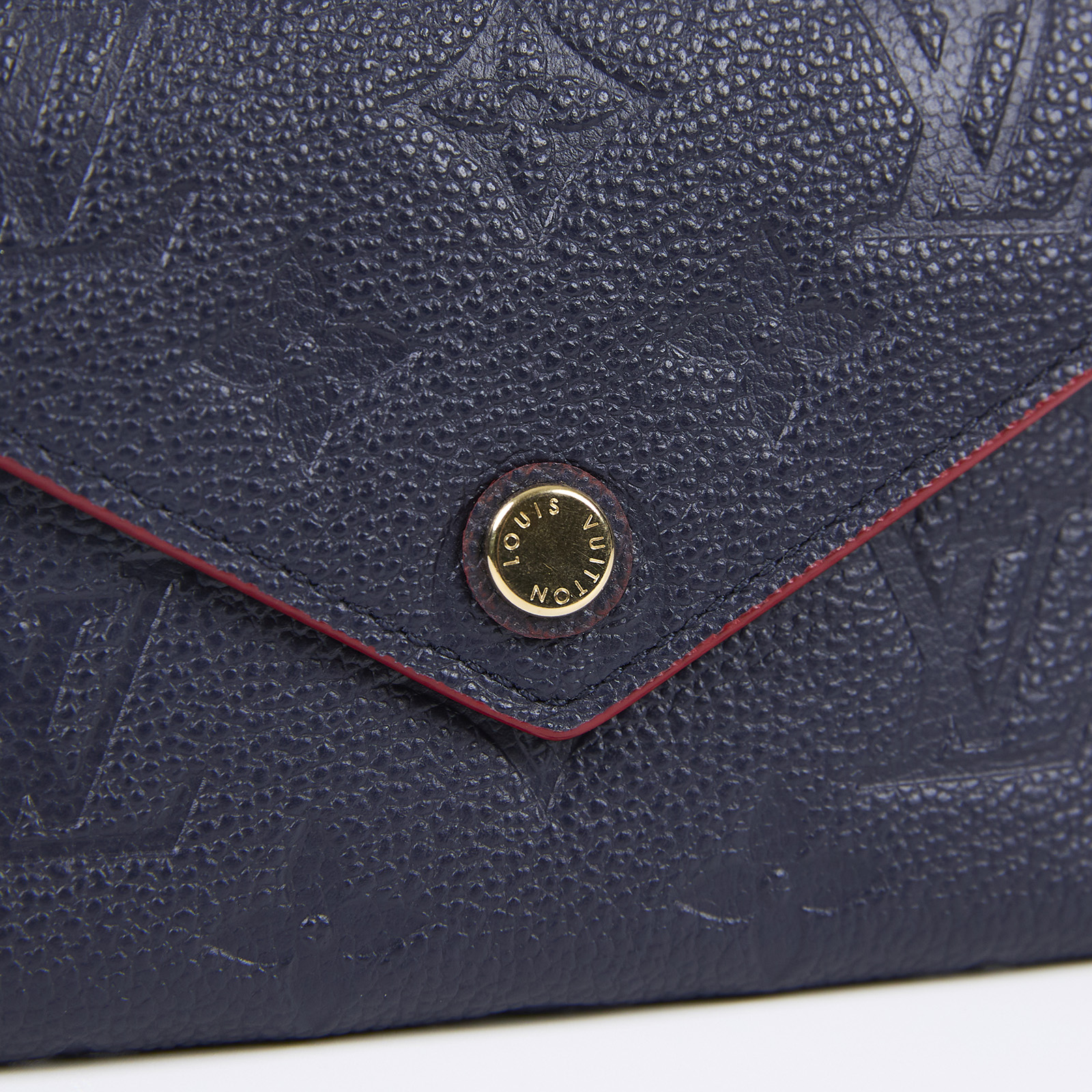 路易威登 LOUIS VUITTON Victorine 壓花皮革 三折暗釦 短夾 海軍藍 紅色 M64577 晶片款  原廠盒子/防塵袋/購買證明影本