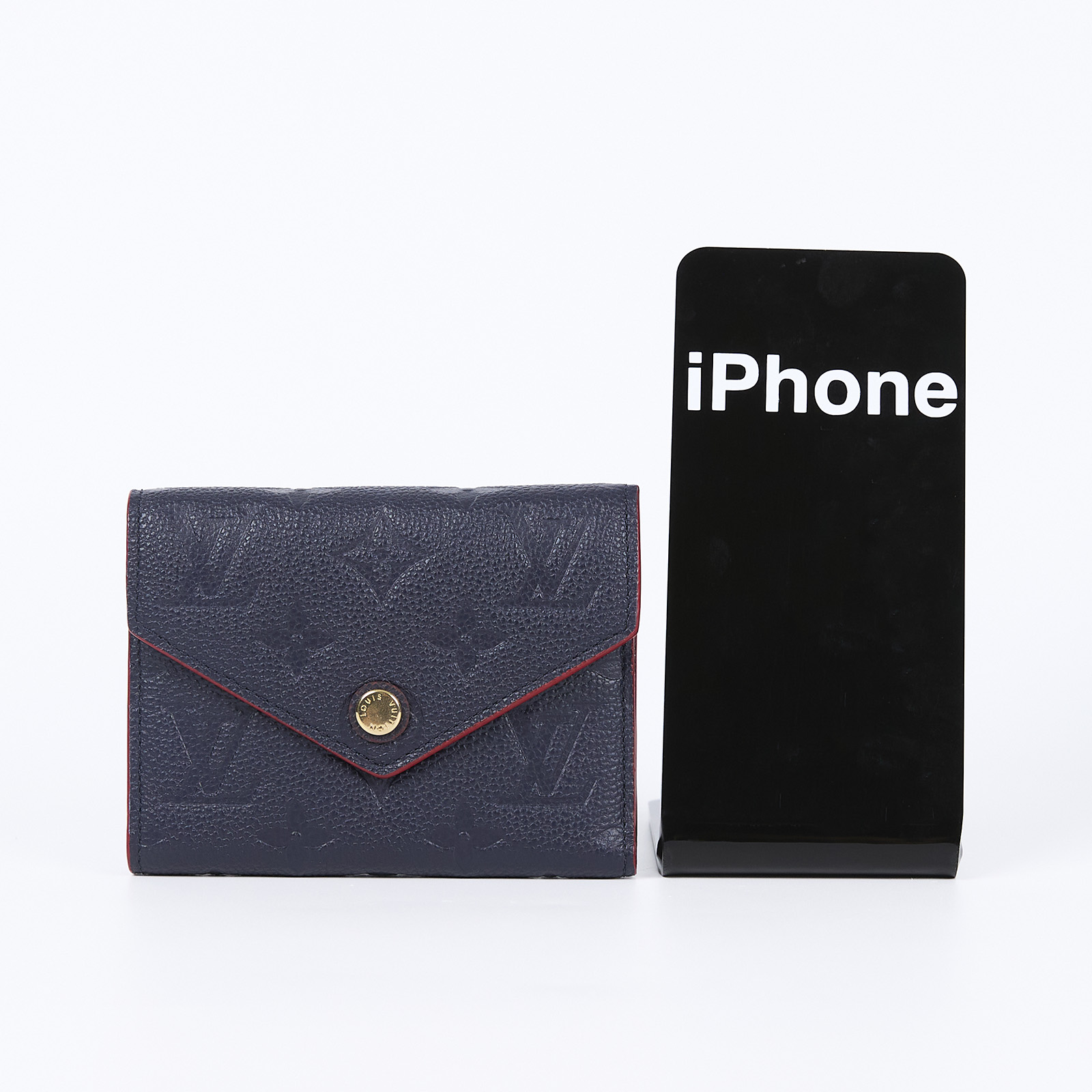 路易威登 LOUIS VUITTON Victorine 壓花皮革 三折暗釦 短夾 海軍藍 紅色 M64577 晶片款  原廠盒子/防塵袋/購買證明影本
