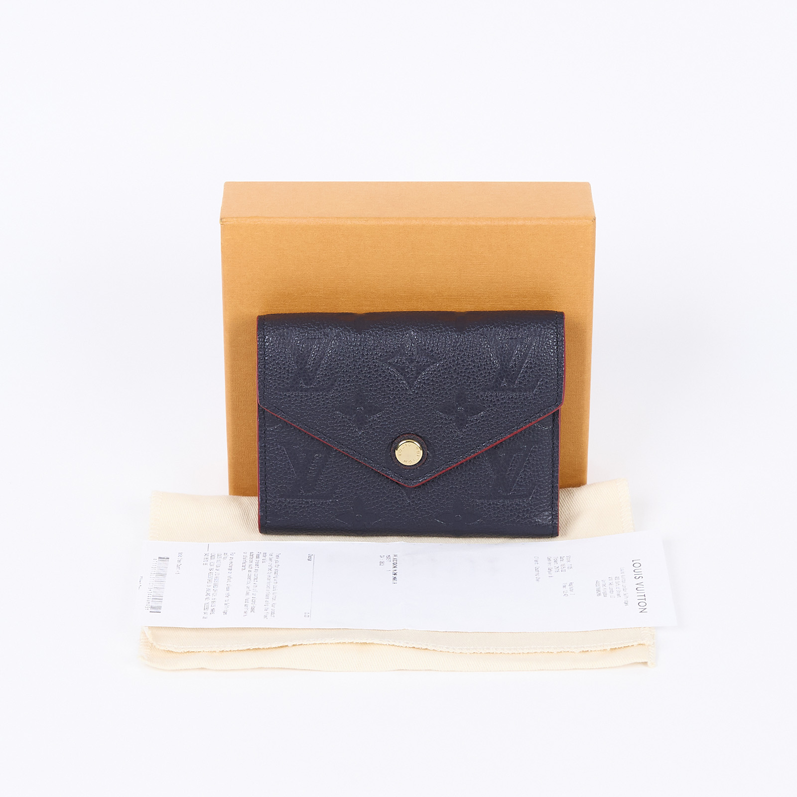 路易威登 LOUIS VUITTON Victorine 壓花皮革 三折暗釦 短夾 海軍藍 紅色 M64577 晶片款  原廠盒子/防塵袋/購買證明影本