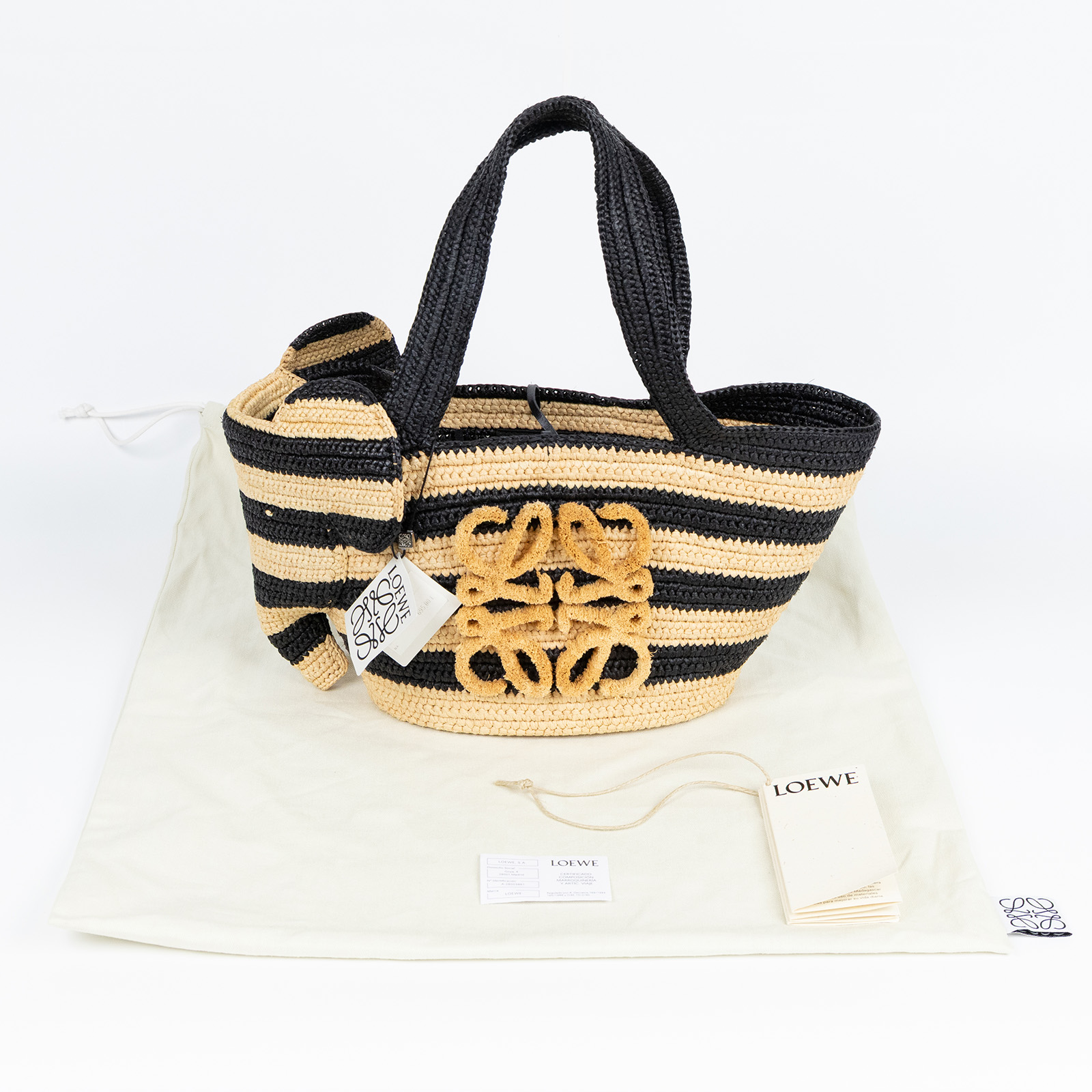 羅意威 LOEWE Elephant basket bag in raffia 大象包 拉菲亞草 托特包 A223T37X02 黑棕條紋草編肩背包 防塵袋