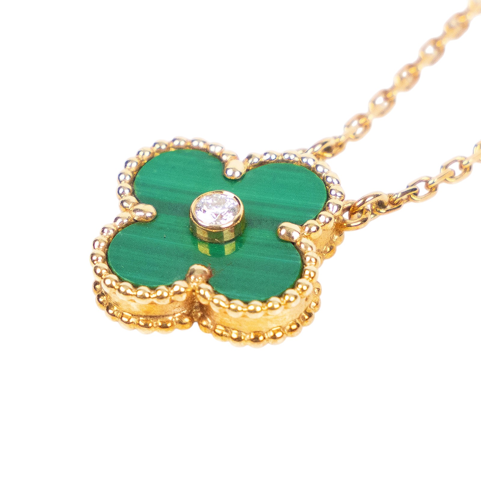 梵克雅寶 Van Cleef & Arpels Vintage Alhambra 吊墜  YG 單鑽孔雀石四葉草項鍊 原廠盒子/保書