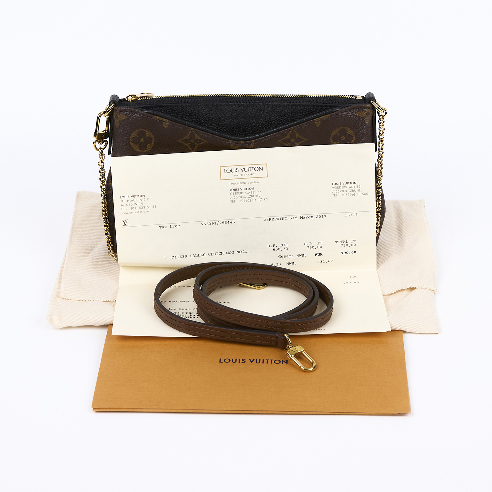 路易威登 LOUIS VUITTON Pallas 鍊帶 手提包 M41639 棕原花Pallas Clutch 手拿鏈條單肩斜背包 背帶/防塵袋/購買證明