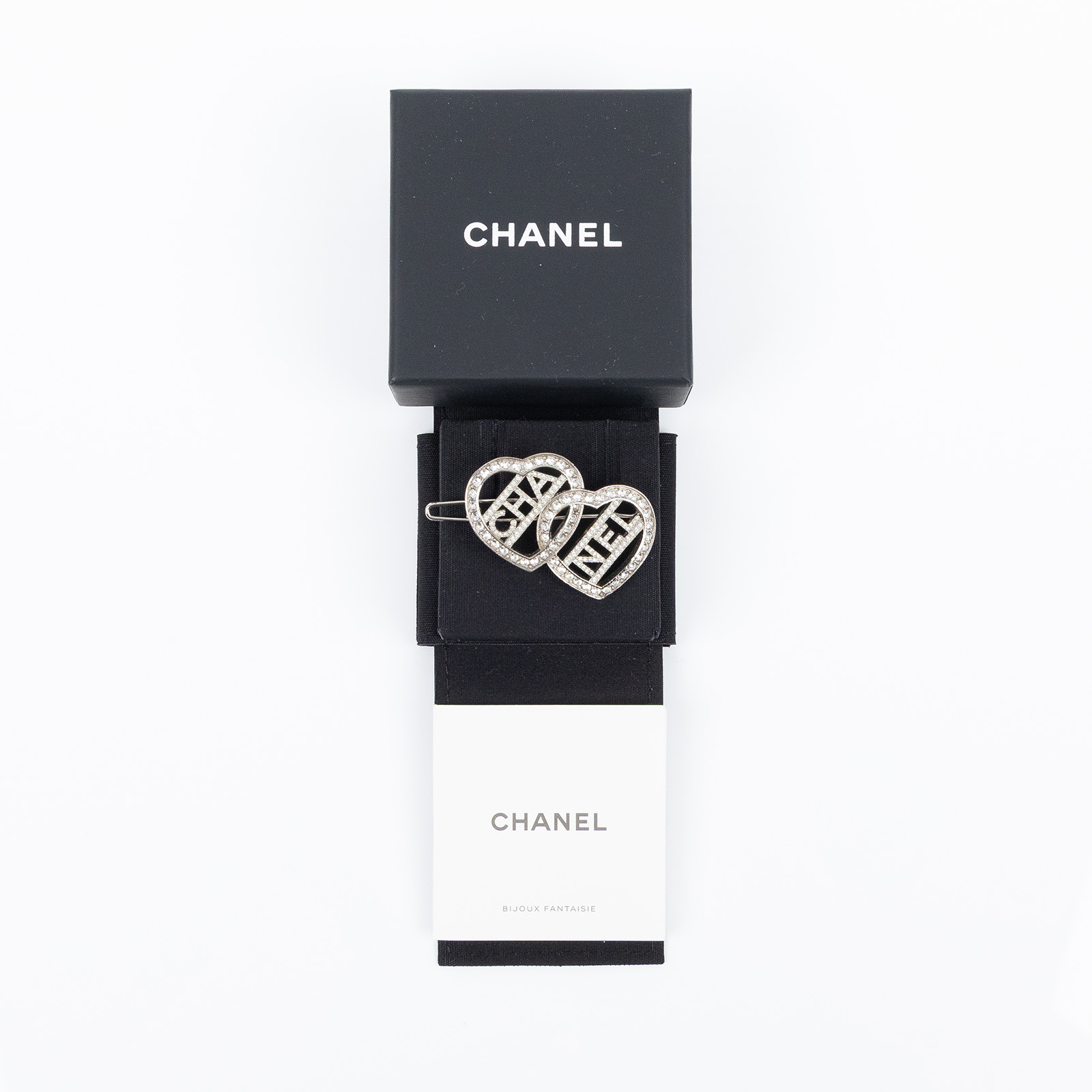 香奈兒 CHANEL 髮夾  銀色愛心水鑽髮夾 原廠盒子