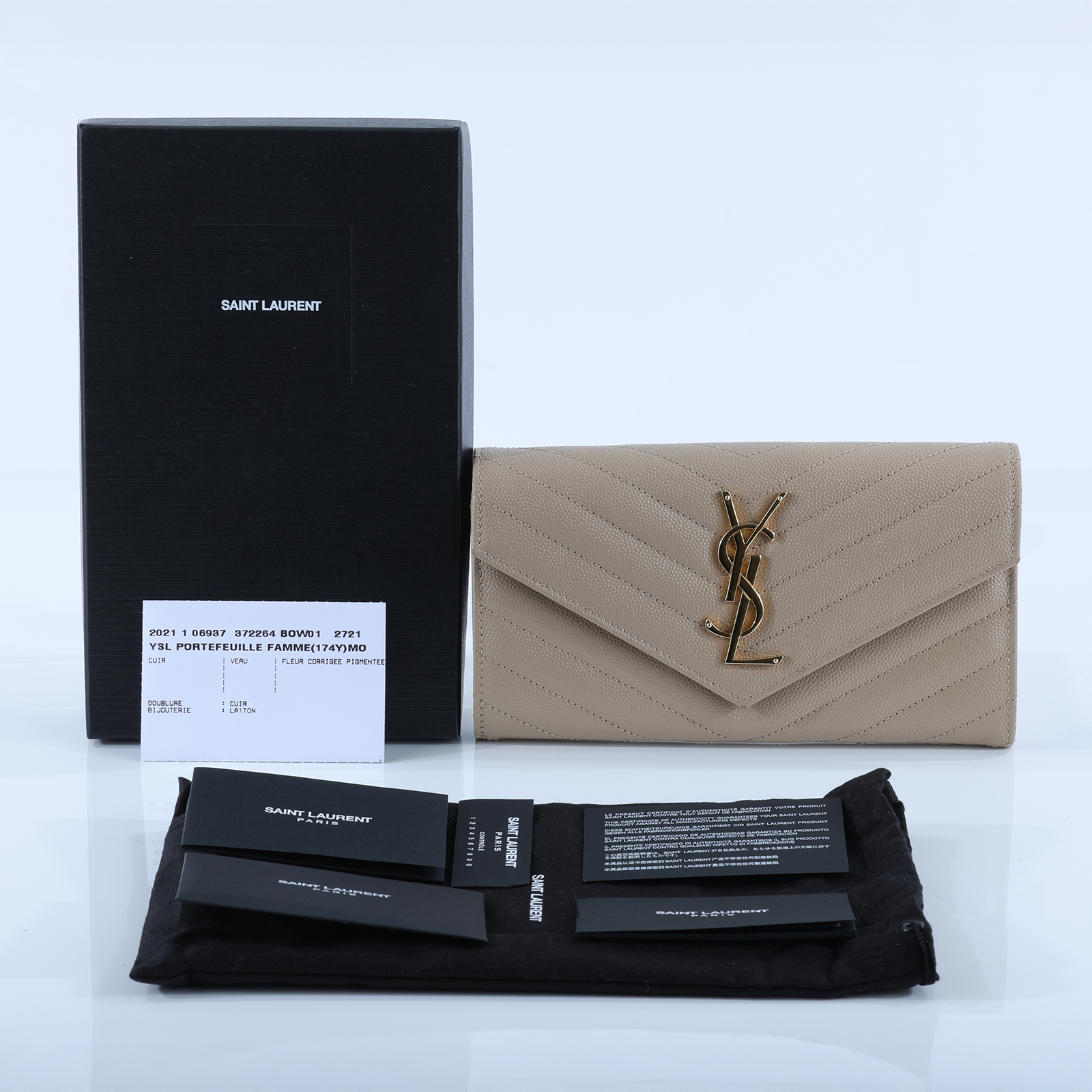聖羅蘭 YSL SAINT LAURENT Cassandre Matelassé 粒面壓紋皮革 大型 翻蓋錢包 長夾 金色五金 372264BOW01  原廠盒子/防塵袋