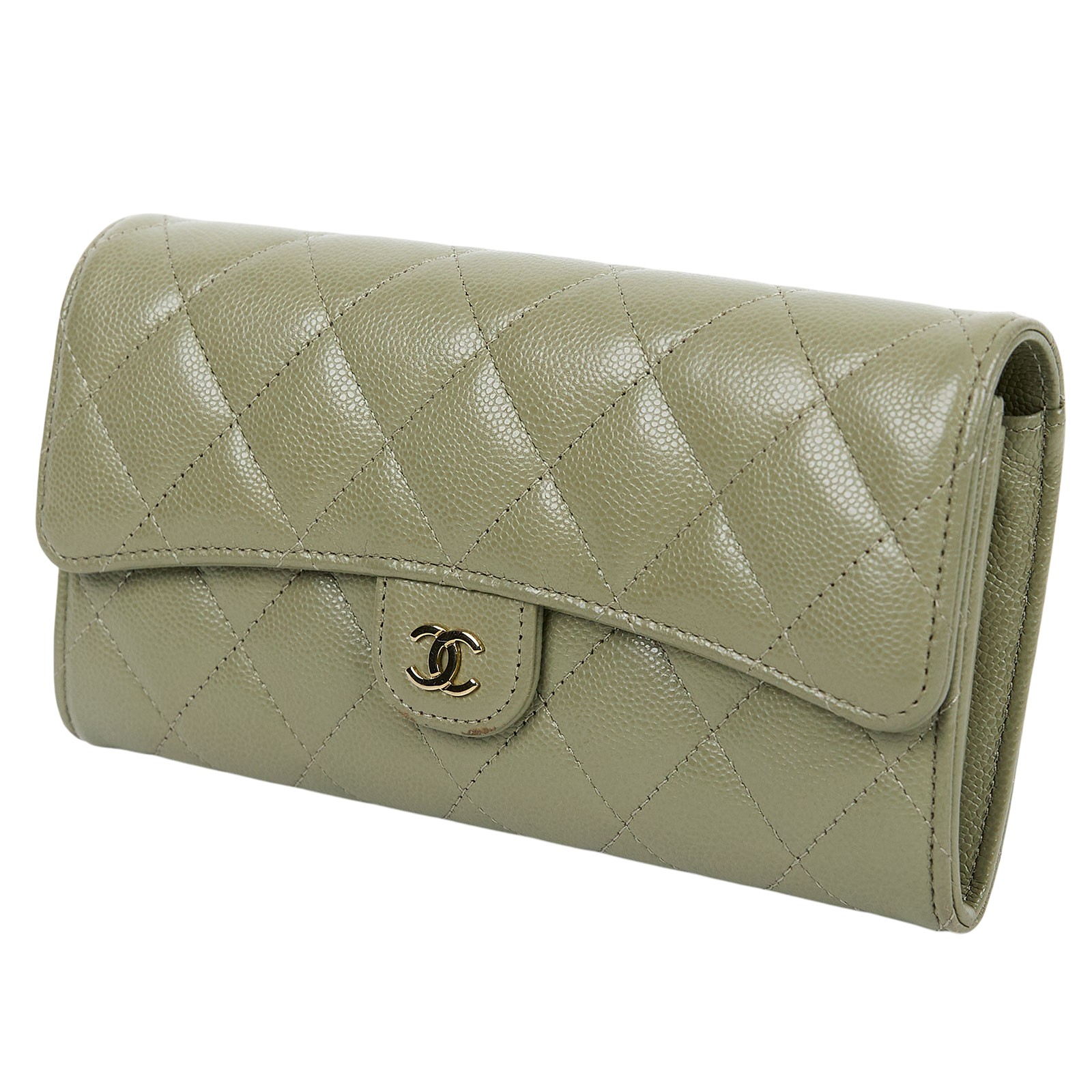 香奈兒 CHANEL 荔枝皮 扣式 翻蓋 二折長夾 AP0241 晶片款 墨綠荔枝COCO長夾 無附屬品