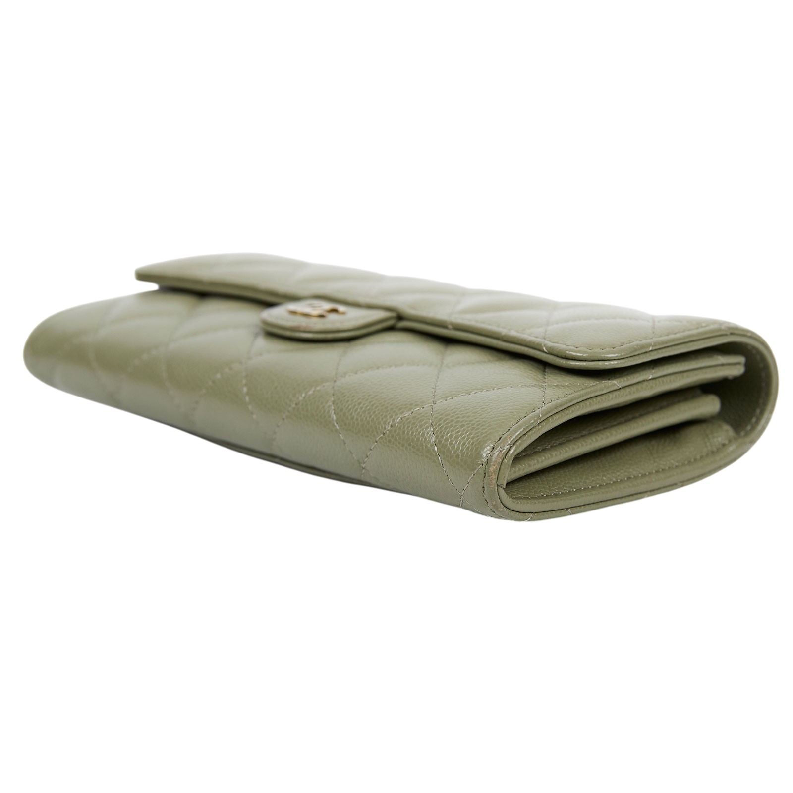 香奈兒 CHANEL 荔枝皮 扣式 翻蓋 二折長夾 AP0241 晶片款 墨綠荔枝COCO長夾 無附屬品