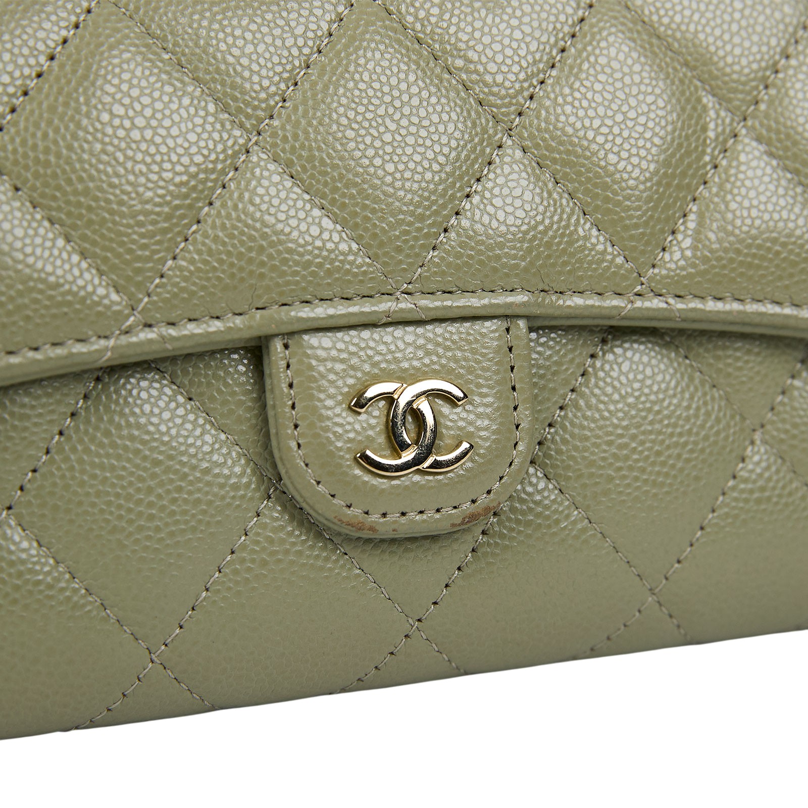 香奈兒 CHANEL 荔枝皮 扣式 翻蓋 二折長夾 AP0241 晶片款 墨綠荔枝COCO長夾 無附屬品