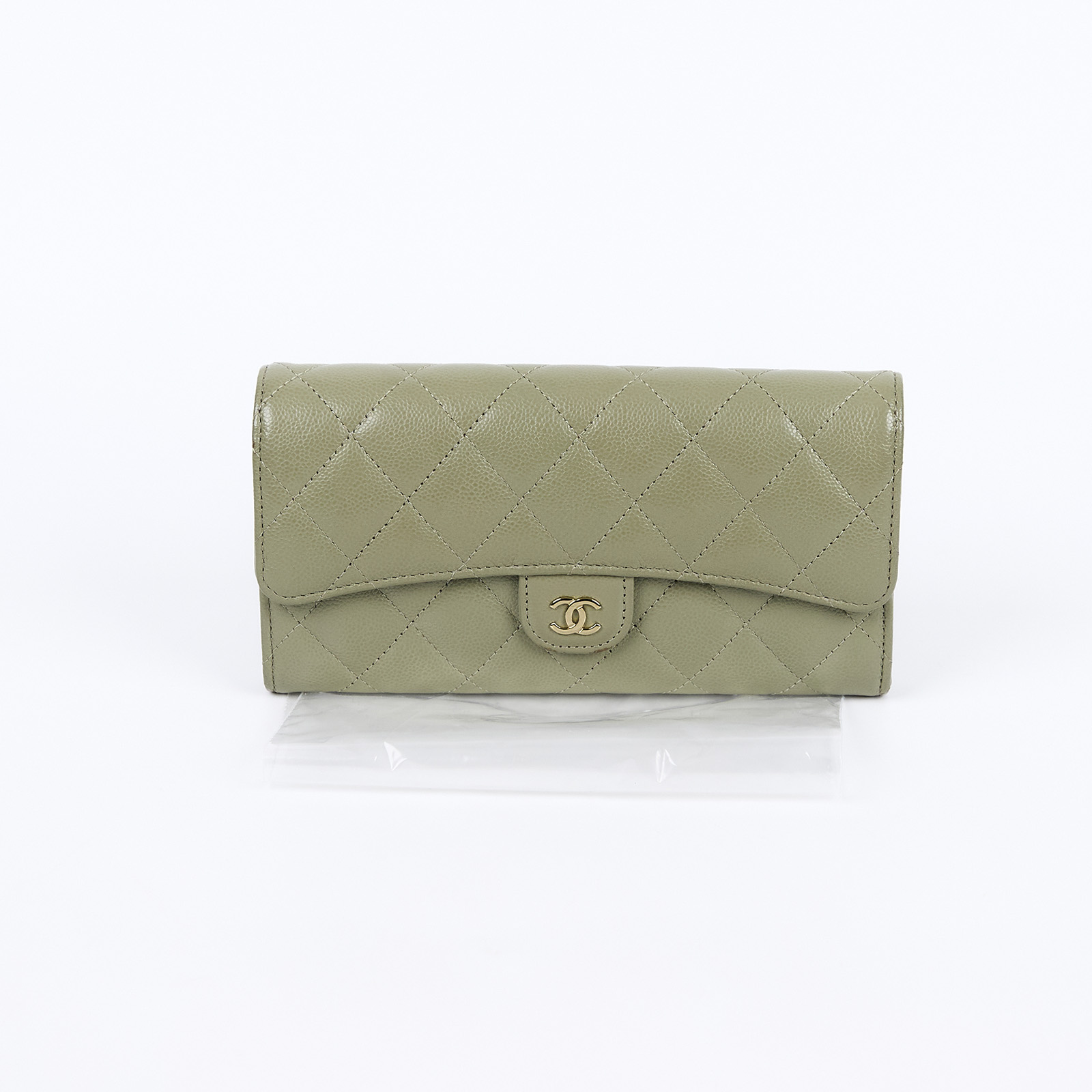 香奈兒 CHANEL 荔枝皮 扣式 翻蓋 二折長夾 AP0241 晶片款 墨綠荔枝COCO長夾 無附屬品