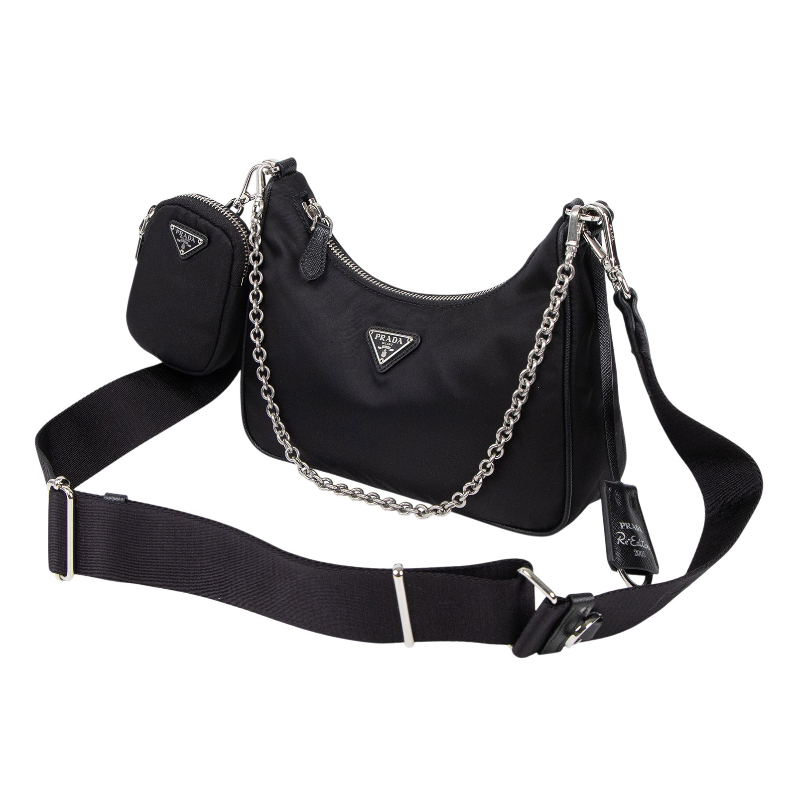 普拉達 PRADA Re-Edition 2005 Re-Nylon 手袋 1BH204_R064 黑銀三合一尼龍肩背包 防塵袋/保證卡/背帶/內袋