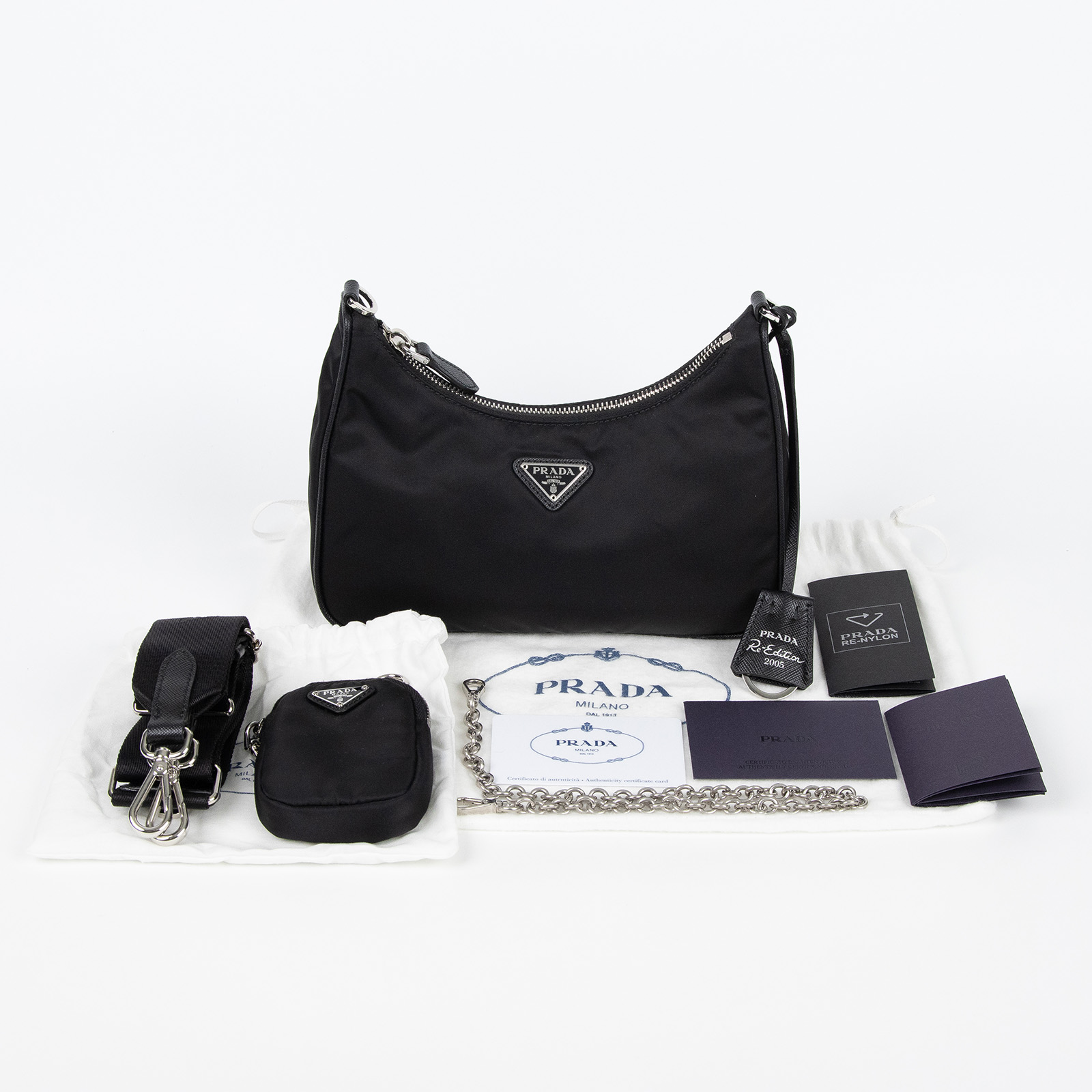 普拉達 PRADA Re-Edition 2005 Re-Nylon 手袋 1BH204_R064 黑銀三合一尼龍肩背包 防塵袋/保證卡/背帶/內袋