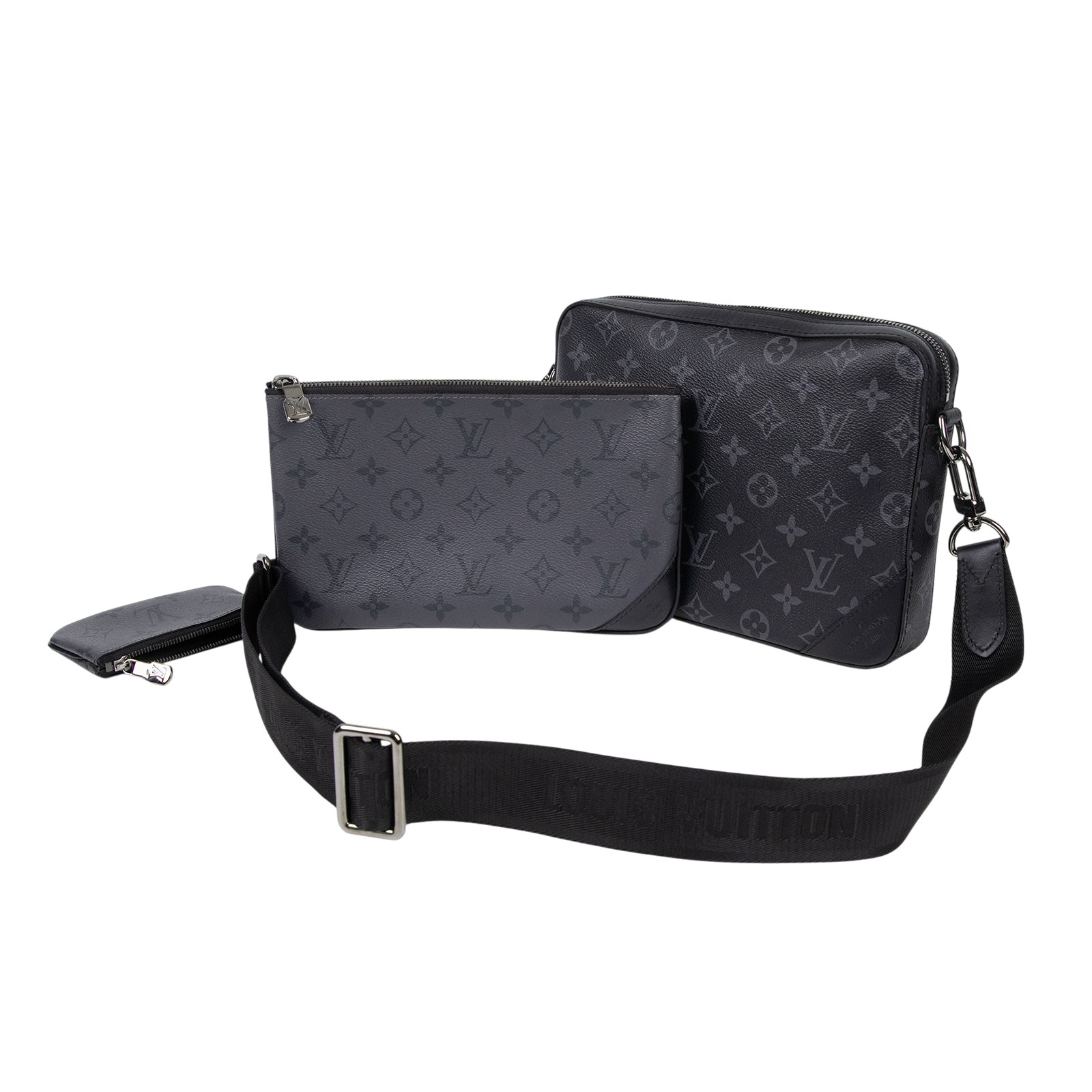 路易威登 LOUIS VUITTON Trio 郵差包 Eclipse帆布 黑色 灰色 M69443 晶片款  購買證明影本/原廠盒子/內袋 /背帶