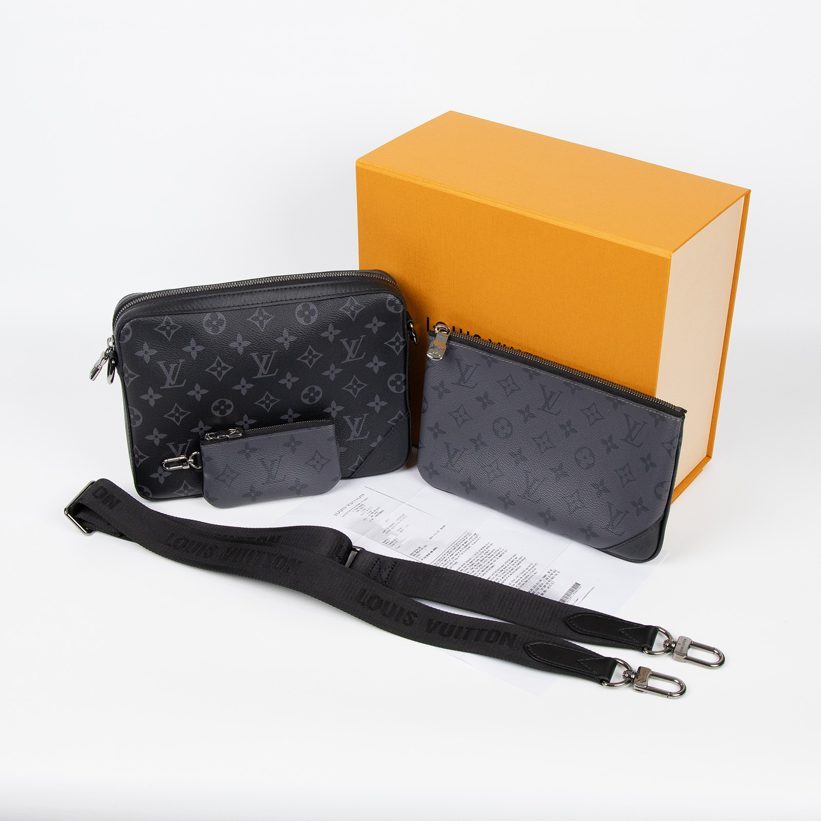 路易威登 LOUIS VUITTON Trio 郵差包 Eclipse帆布 黑色 灰色 M69443 晶片款  購買證明影本/原廠盒子/內袋 /背帶