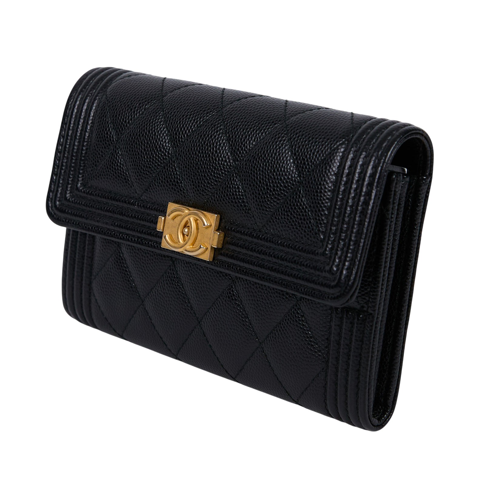 香奈兒 CHANEL BOY 五卡 中夾 小羊皮 錢包 A84302 24開淡金黑荔枝BOY中夾 原廠盒子/防塵袋/保證卡