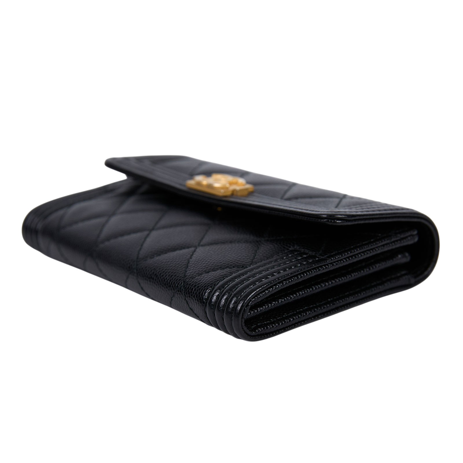 香奈兒 CHANEL BOY 五卡 中夾 小羊皮 錢包 A84302 24開淡金黑荔枝BOY中夾 原廠盒子/防塵袋/保證卡