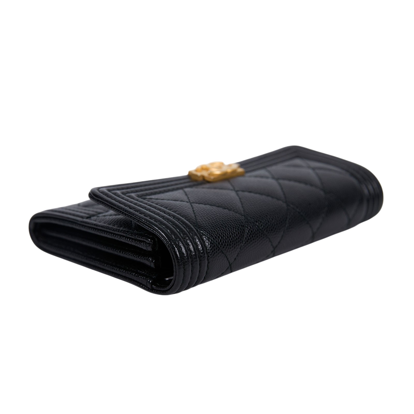 香奈兒 CHANEL BOY 五卡 中夾 小羊皮 錢包 A84302 24開淡金黑荔枝BOY中夾 原廠盒子/防塵袋/保證卡