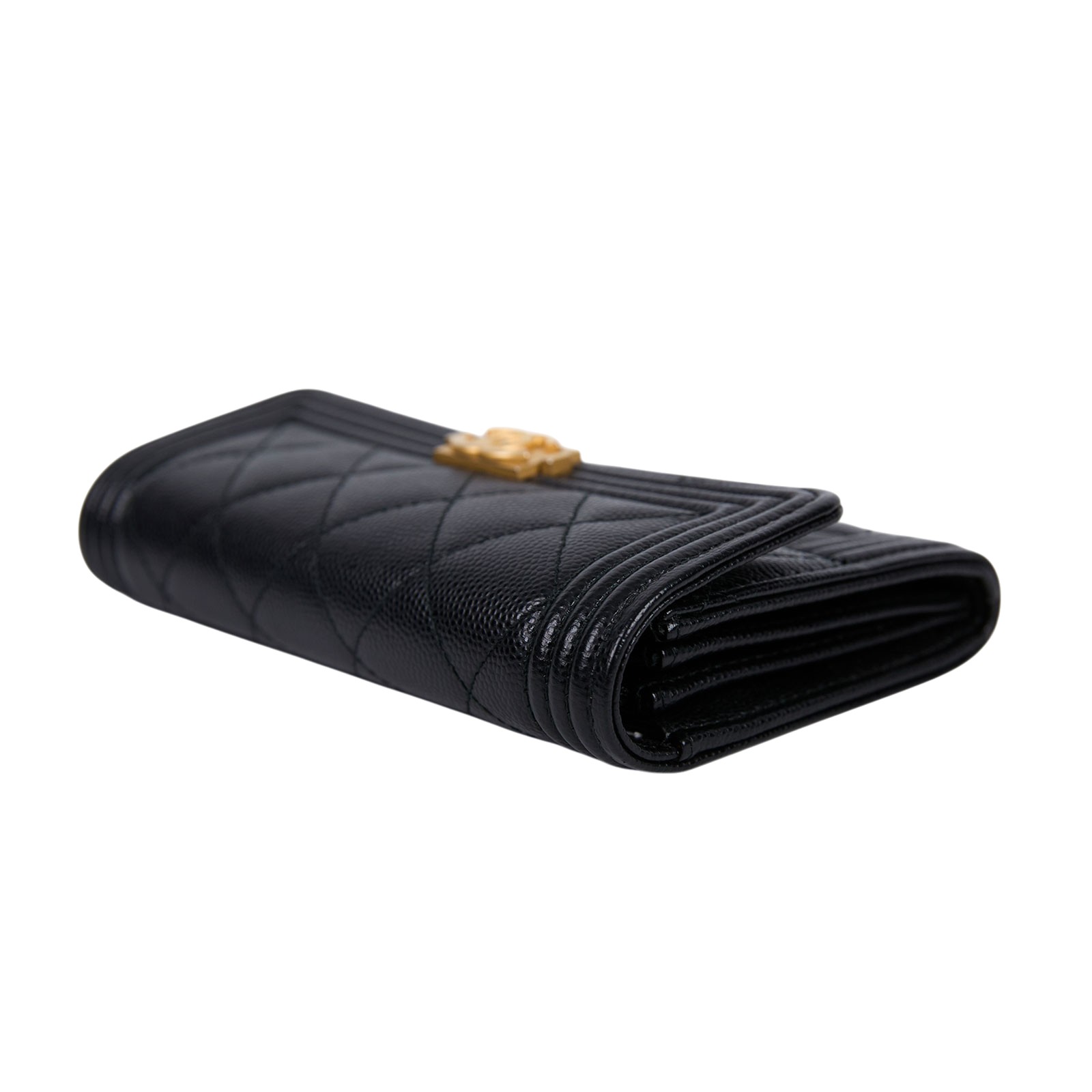 香奈兒 CHANEL BOY 五卡 中夾 小羊皮 錢包 A84302 24開淡金黑荔枝BOY中夾 原廠盒子/防塵袋/保證卡