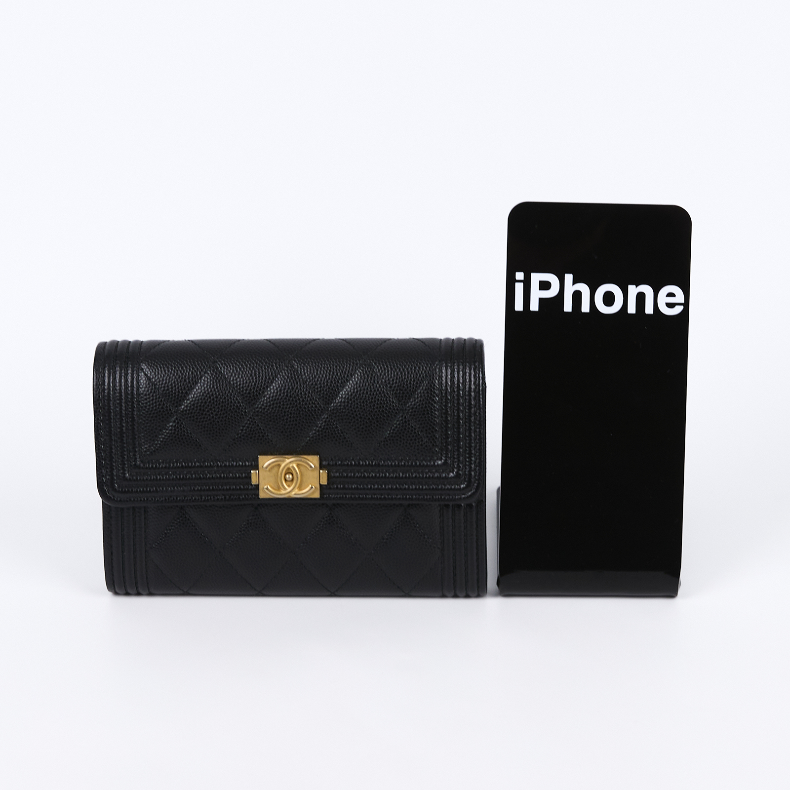 香奈兒 CHANEL BOY 五卡 中夾 小羊皮 錢包 A84302 24開淡金黑荔枝BOY中夾 原廠盒子/防塵袋/保證卡