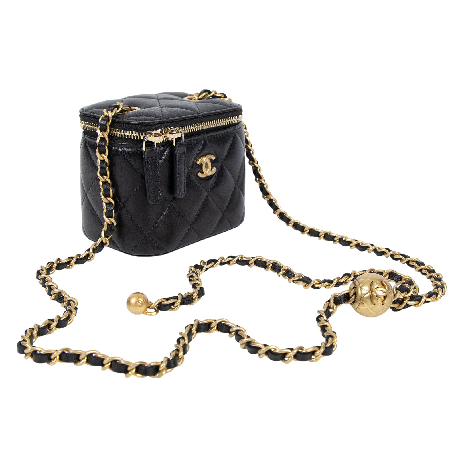 香奈兒 CHANEL Vavnity 金球 斜背 化妝包 AP1447 29開黑羊皮金球化妝包 原廠盒子/防塵袋/保證卡