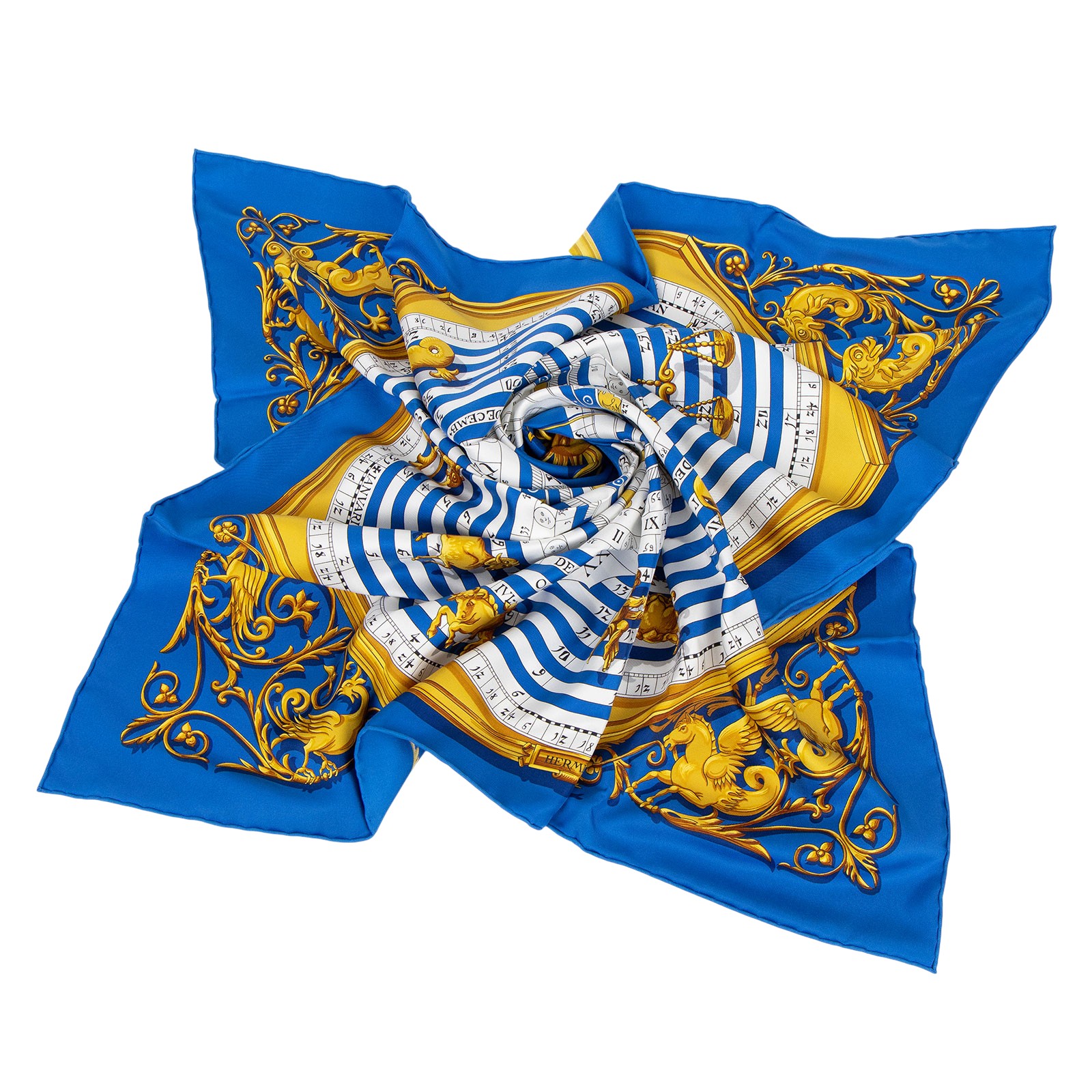愛馬仕 Hermes Astrologie forever scarf 90 絲巾 鈷藍色 復古金 白色 H001387Sv53  藍色絲巾90X90 原廠盒子