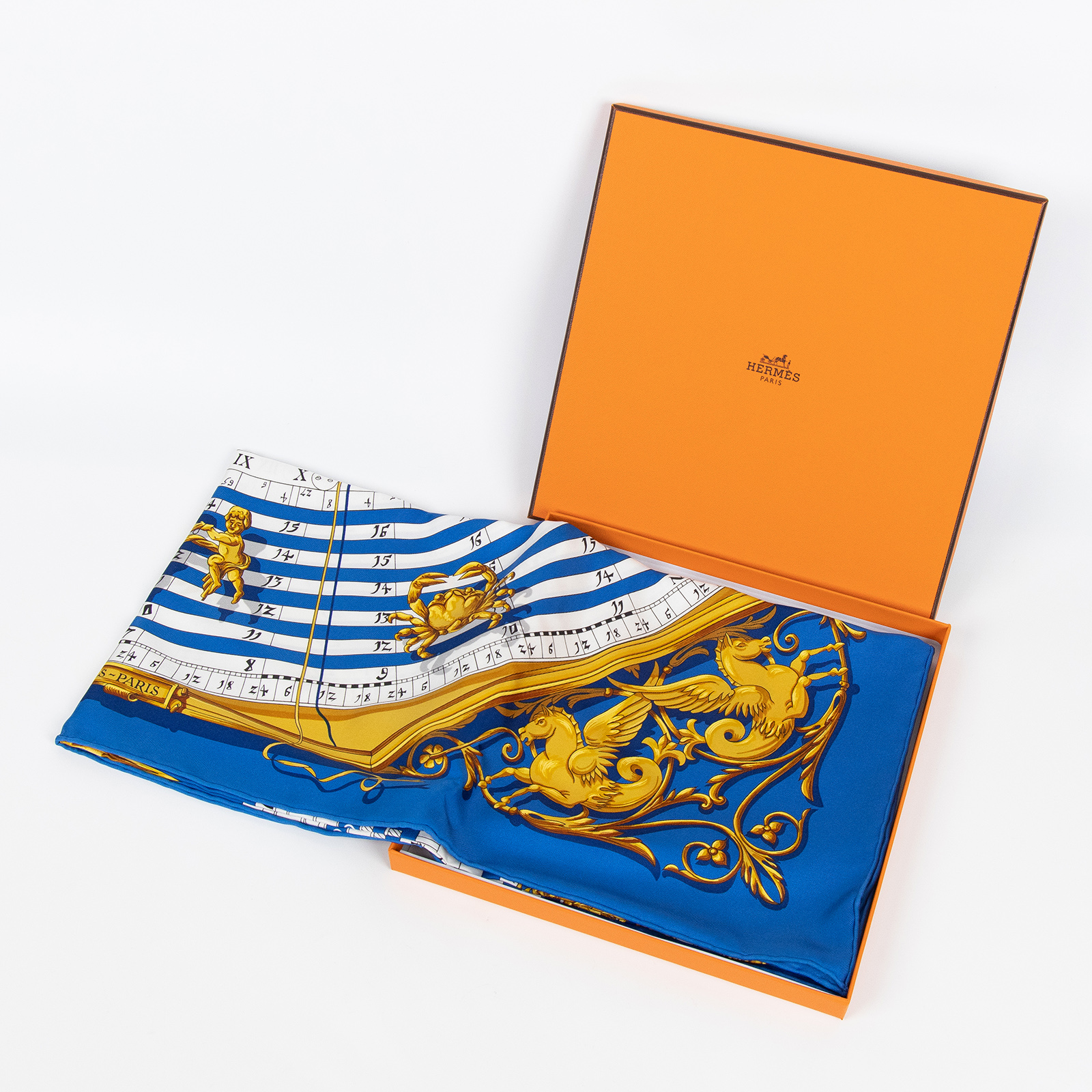 愛馬仕 Hermes Astrologie forever scarf 90 絲巾 鈷藍色 復古金 白色 H001387Sv53  藍色絲巾90X90 原廠盒子