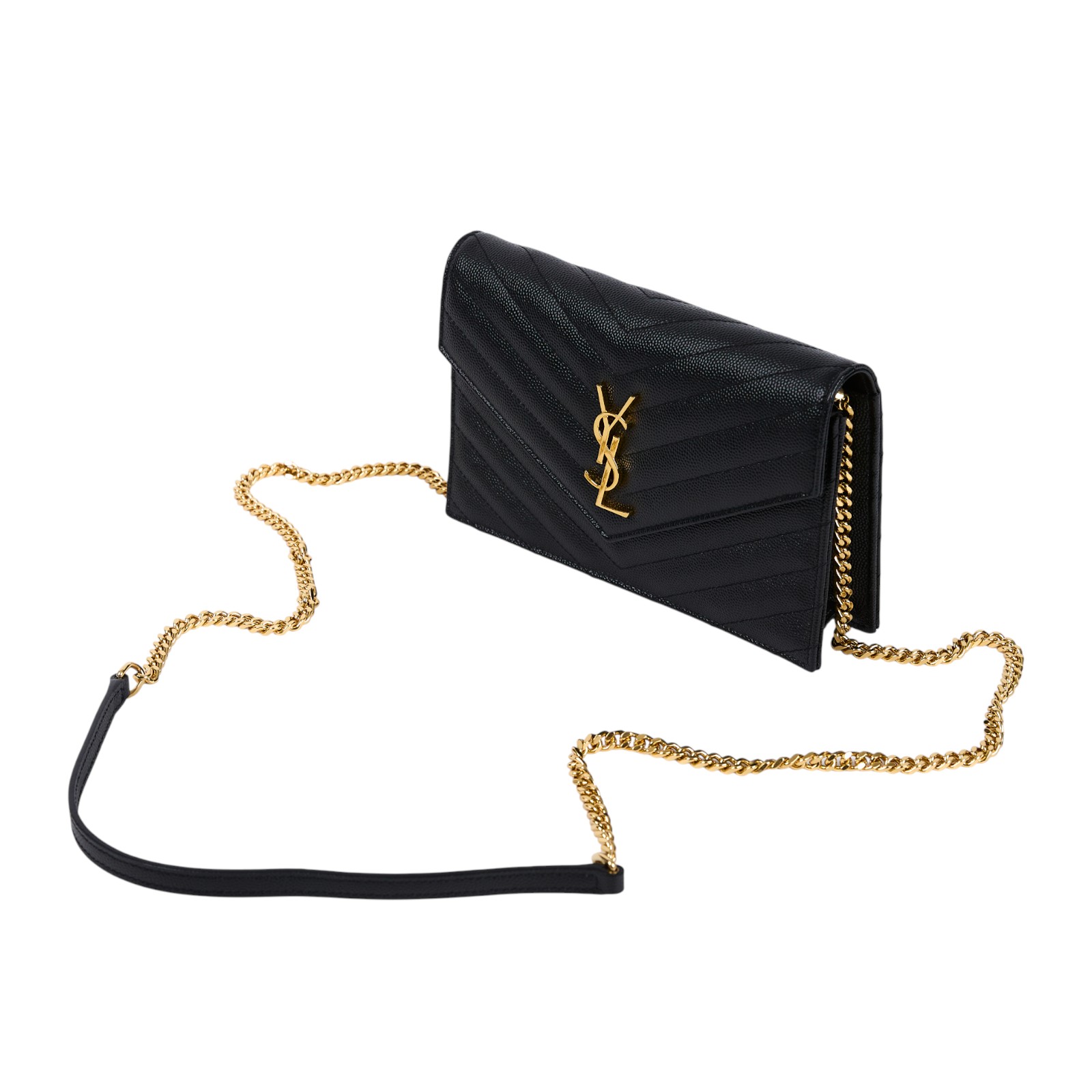 聖羅蘭 YSL SAINT LAURENT 山形紋 鏈袋 信封包 金扣 393953BOW01 黑金魚子醬WOC 原廠盒子/防塵袋/購買明細