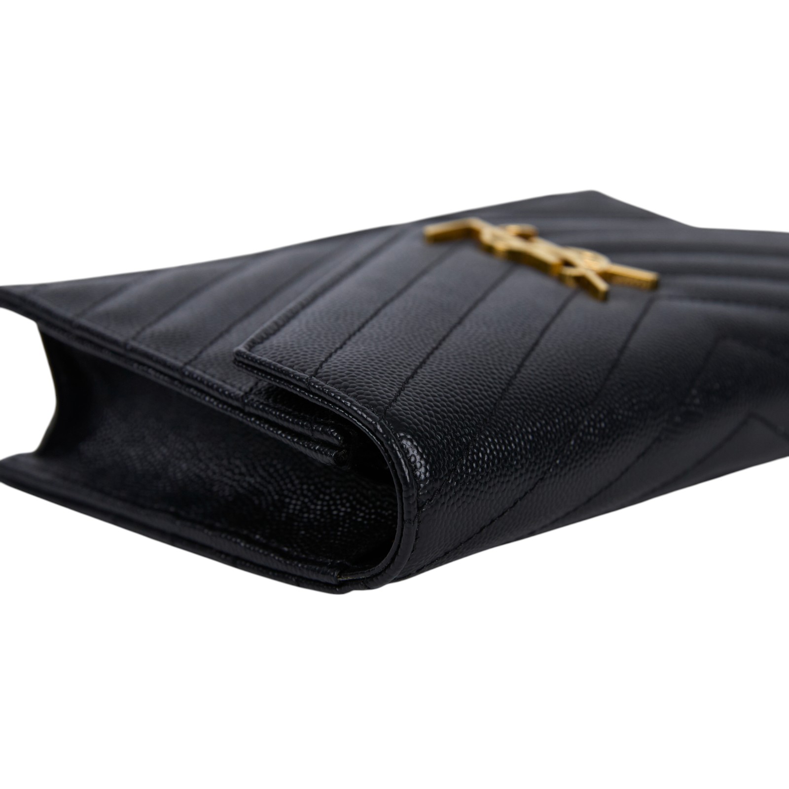 聖羅蘭 YSL SAINT LAURENT 山形紋 鏈袋 信封包 金扣 393953BOW01 黑金魚子醬WOC 原廠盒子/防塵袋/購買明細